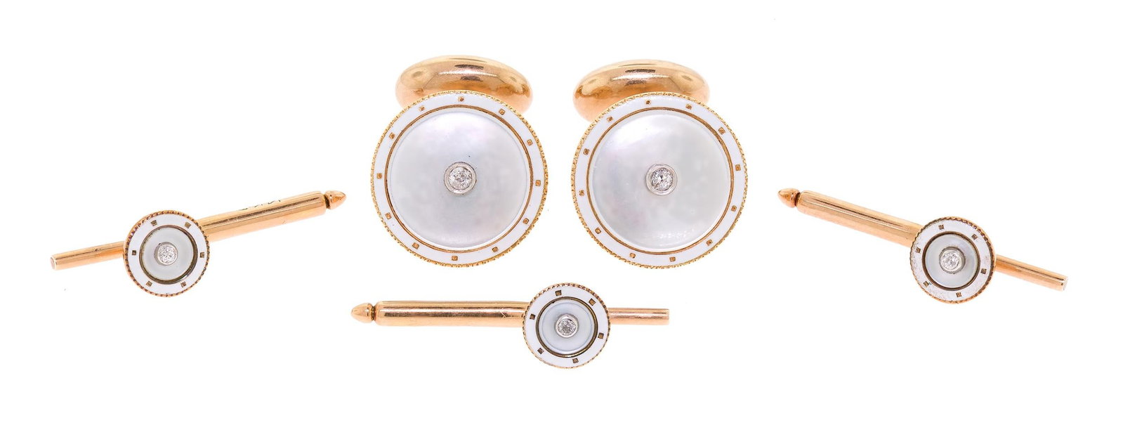ANTIQUE 14K GOLD MOTHER OF PEARL CUFFLINK SET.: A set of antique, 14k yellow gold (stamped), mother of pearl cufflinks and three shirt studs, accented by white enamel and approx. .06 ct. tw., Old European cut, natural diamonds of H color and VS-SI 