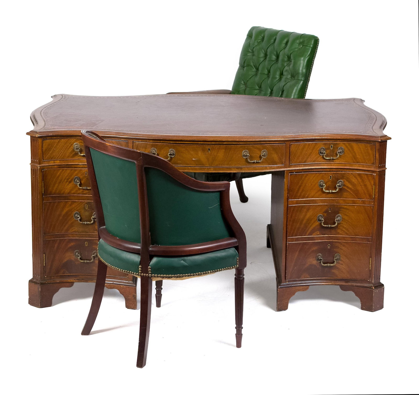 THREE PART ANTIQUE EXECUTIVES DESK AND CHAIR.: A good late 19th/early 20th C. three-part mahogany and tooled leather executives desk with two complimenting green leather chairs. Desk 30”H x 63”W x 36”D.