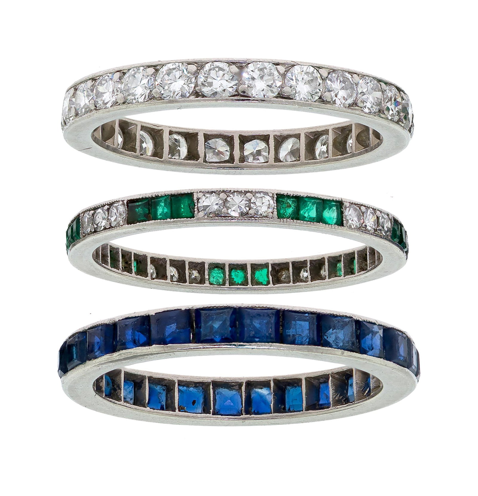 THREE ANTIQUE PLATINUM ETERNITY BAND STACKING RINGS.: Three, antique, platinum (tested) eternity band, stacking rings, one set with approx. 1.5 ct. tw., Old European cut, natural diamonds of G-H color and VS clarity, another set with approx. 1.56 ct. tw.
