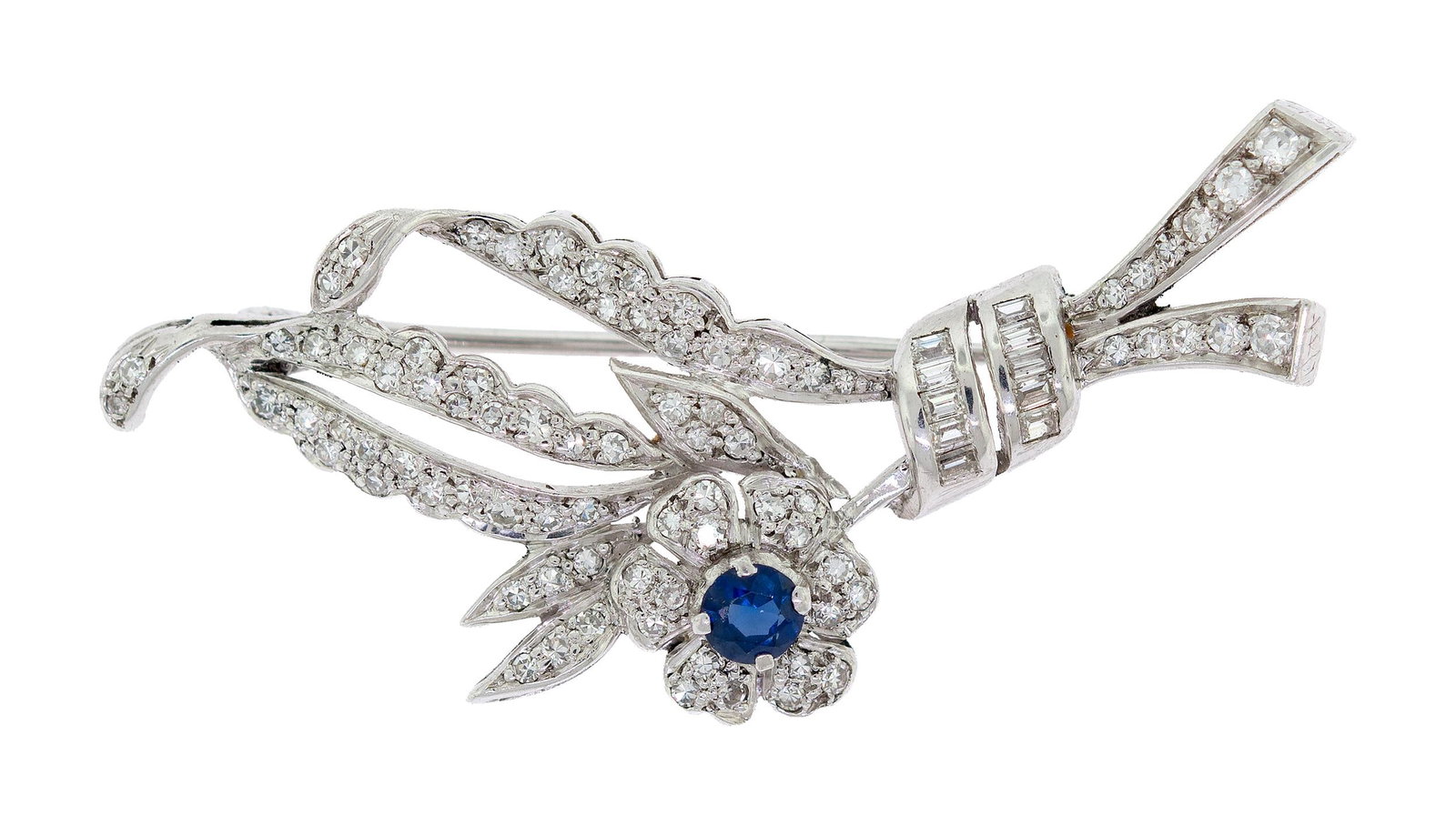 ANTIQUE PLATINUM DIAMOND & SAPPHIRE FLORAL SPRAY PIN.: An antique, platinum (tested), floral spray pin set with approx. 1.0 ct. tw., single cut round and baguette cut, natural diamonds of G-H color and VS-SI clarity and an approx. .20 ct., faceted round, 