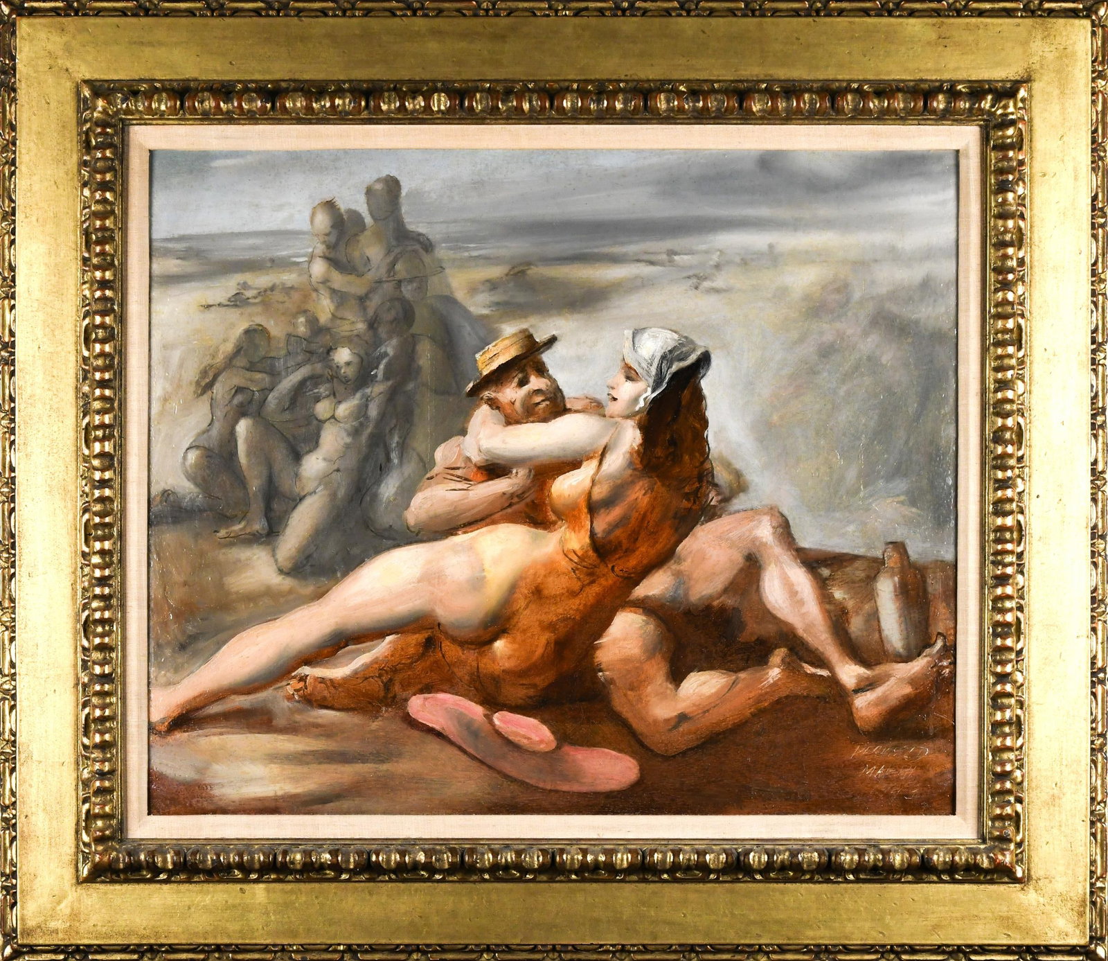 REGINALD MARSH OIL, FIGURES ON A BEACH.: A Reginald Marsh (1898-1954) oil on a board, Figures on a Beach, signed and dated 'Reginald Marsh 1943'. Kennedy Gallery and Christies labels on reverse. Board 24” x 30”, Frame 39” x