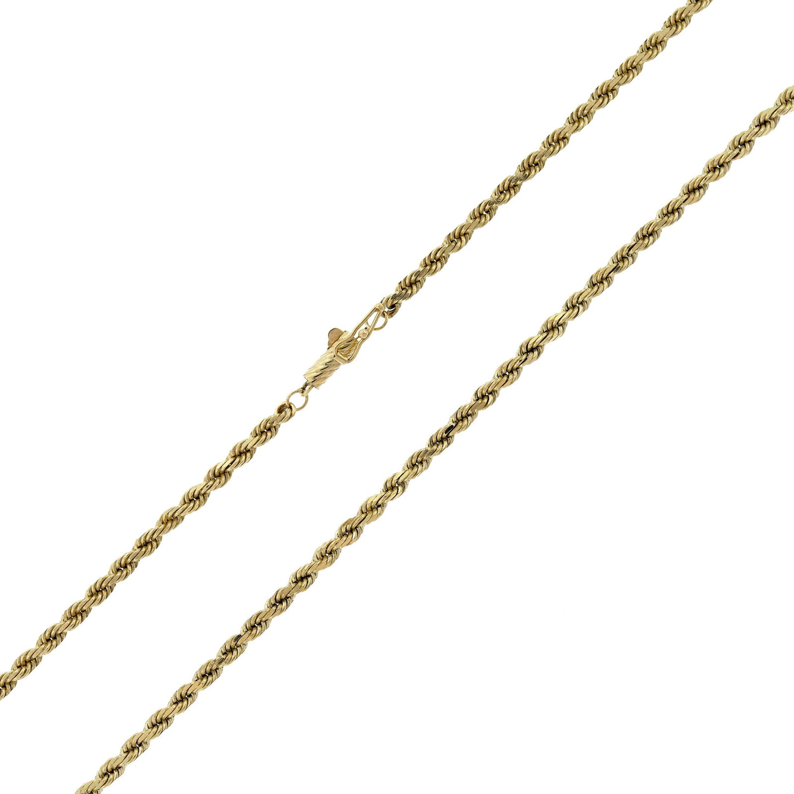 14K YELLOW GOLD ROPE CHAIN NECKLACE.: A 14k yellow gold (stamped) rope chain necklace, 3mm thick, 20.8 grams.