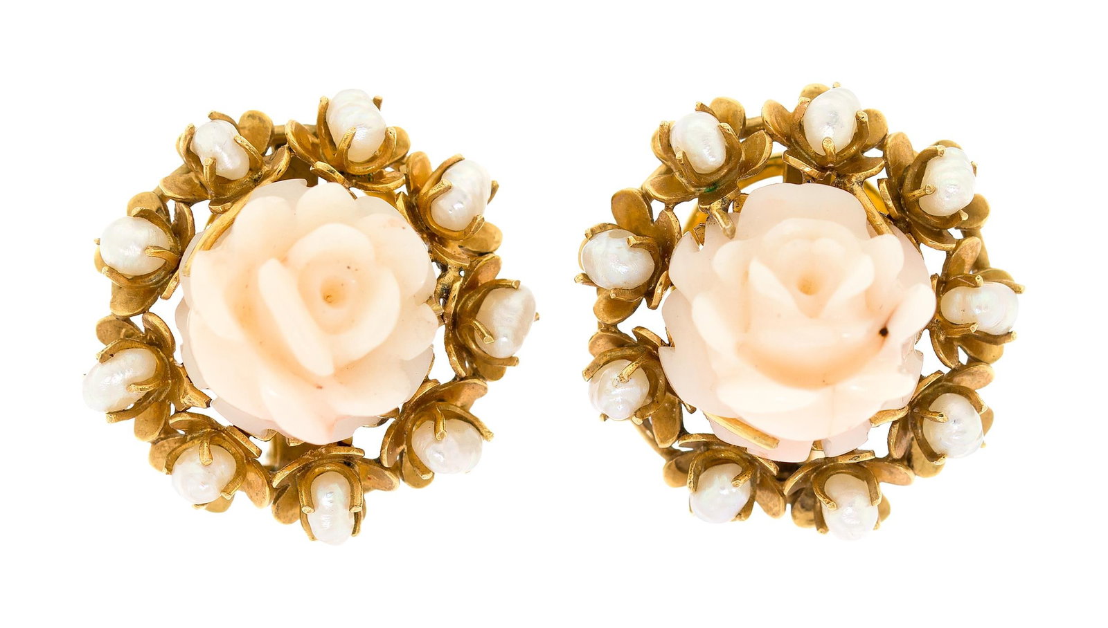 14K GOLD CORAL CARVED ROSES & PEARL POST EARRINGS.: A pair of vintage, 14k yellow gold (stamped), angel skin coral, carved rose and freshwater pearl post earrings with omega clip-backs, 21mm dia., 11.1 grams.