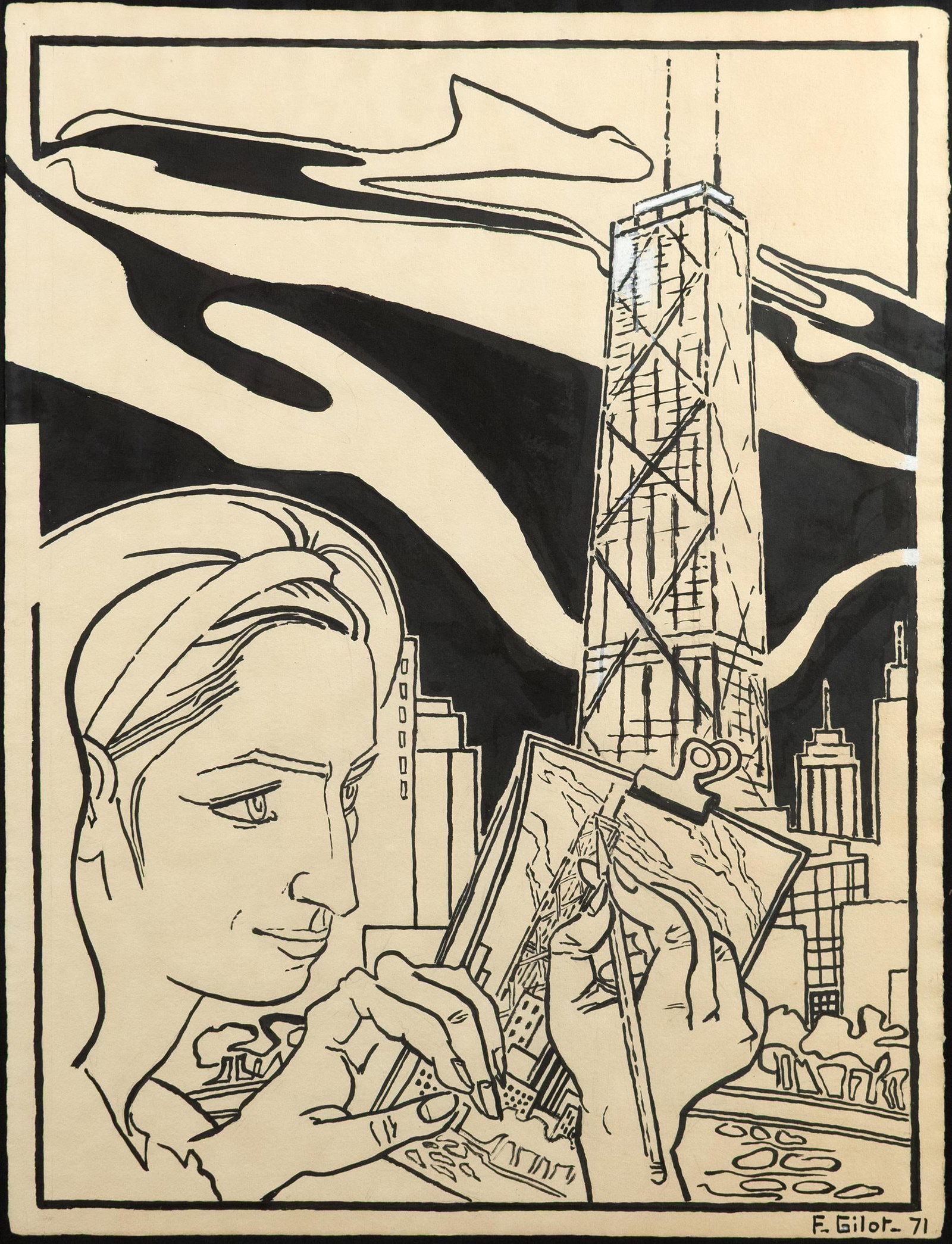 FRANCOISE GILOT ARTWORK, CHICAGO PORTRAIT, 1971.: A Françoise Gilot (1921-2023) ink on paper, titled 'Chicago Portrait', depicting the artist drawing the Hancock Building in Chicago. Signed lower right F. Gilot 71. Inscription on reverse states that
