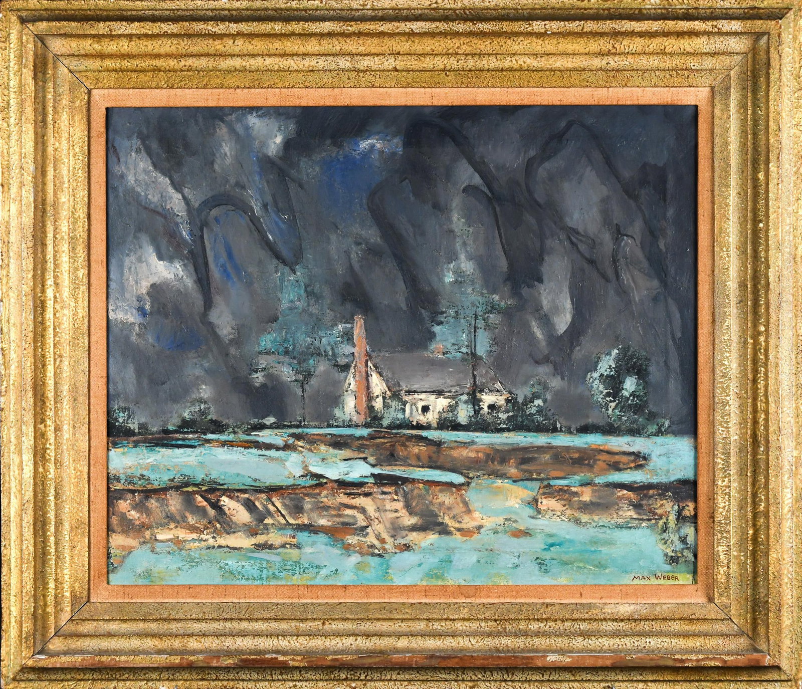 MAX WEBER OIL ON CANVAS, THE STORM.: Max Weber (1881-1961) oil on canvas, The Storm, signed lower right Max Weber. Glass Gallery label and Christies labels on reverse. Canvas 20” x 25”, Frame 28” x 33”.