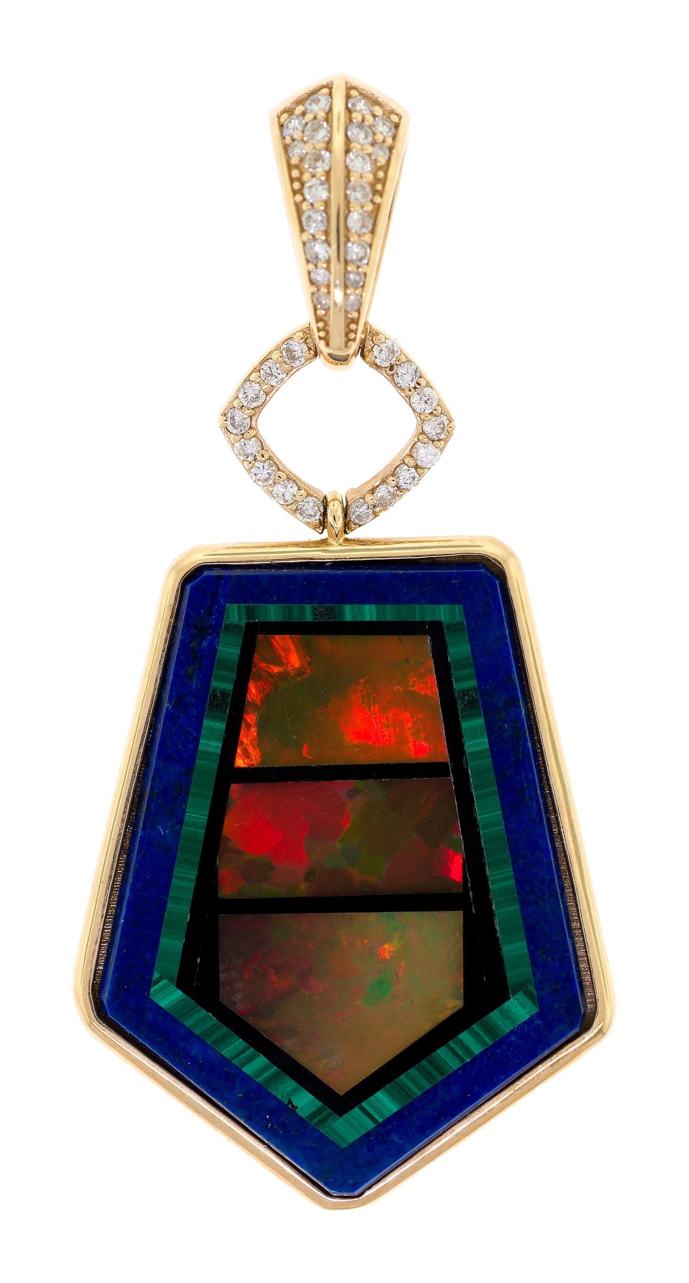 14K GOLD OPAL & MULTI-STONE INLAY & DIAMOND PENDANT.: A 14k yellow gold (stamped & tested), opal, onyx, malachite and lapis inlay pendant set with approx. .30 ct. tw. round brilliant cut, natural diamonds of G-H color and VS clarity, lapis etched on reve