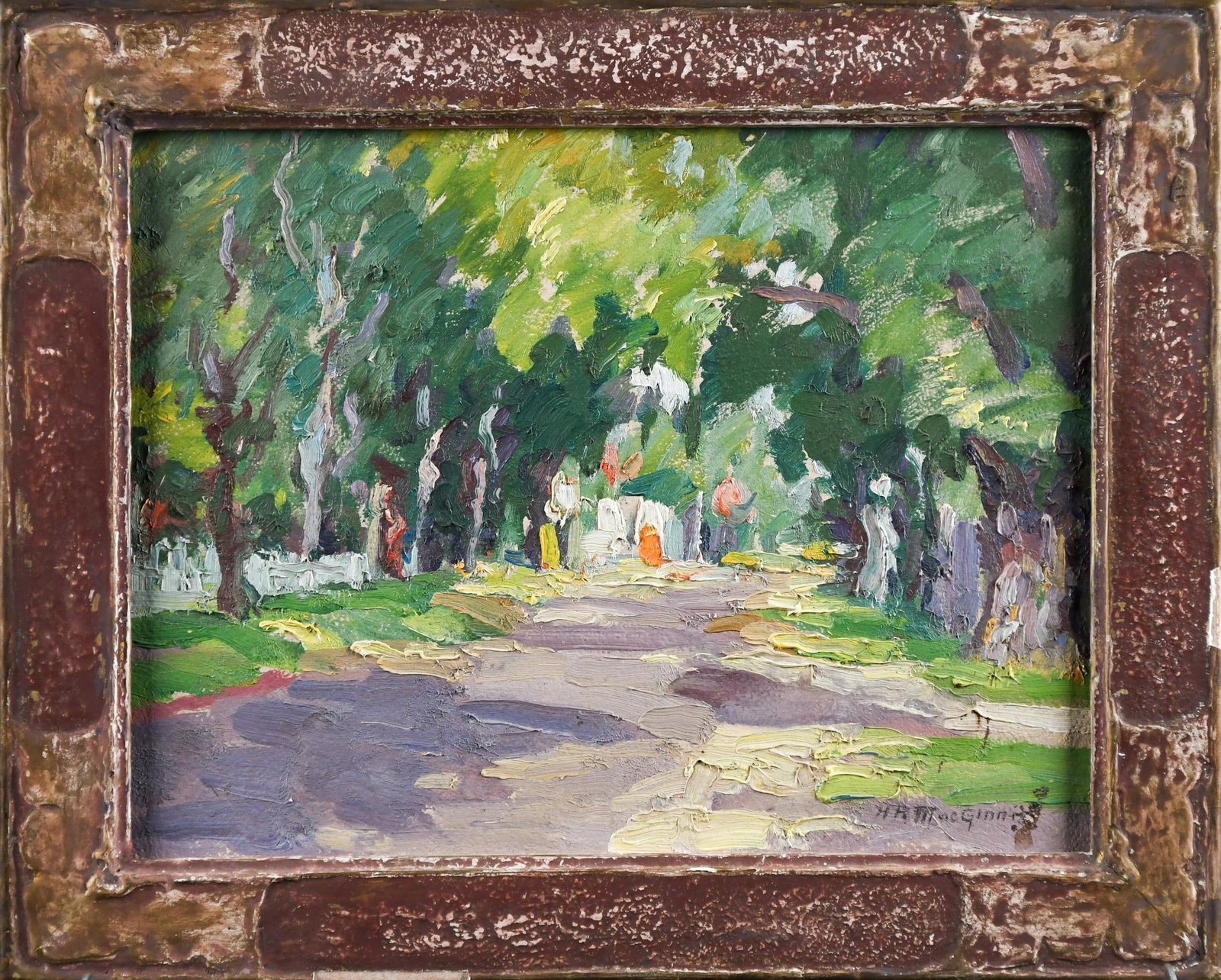 HENRY MACGINNIS OIL, ORFORD STREET NH.: A Henry R. MacGinnis (1875-1962) oil on artist’s board, ‘Orford Street, N.H.’ Signed lower right H.R MacGinnis, with Salmagundi Club 1948 label for Thumb Box Exhibition on reverse. A