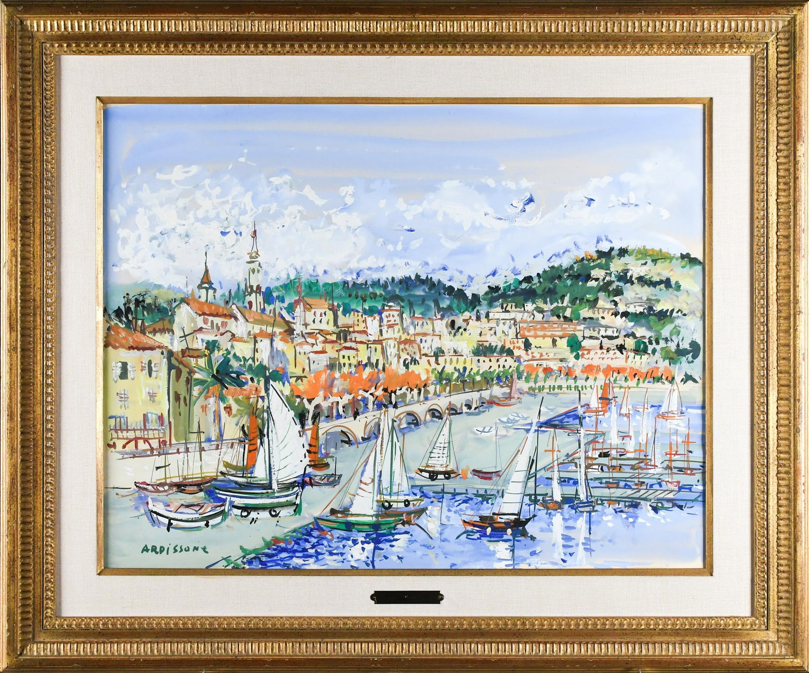 YOLANDE ARDISSONE GOUACHE, FRENCH HARBOR SCENE.: A Yolande Ardissone (France b.1927) gouache on paper, French harbor scene, signed lower left Ardissone. Image 19” x 25”, Frame 27.5” x 33”.