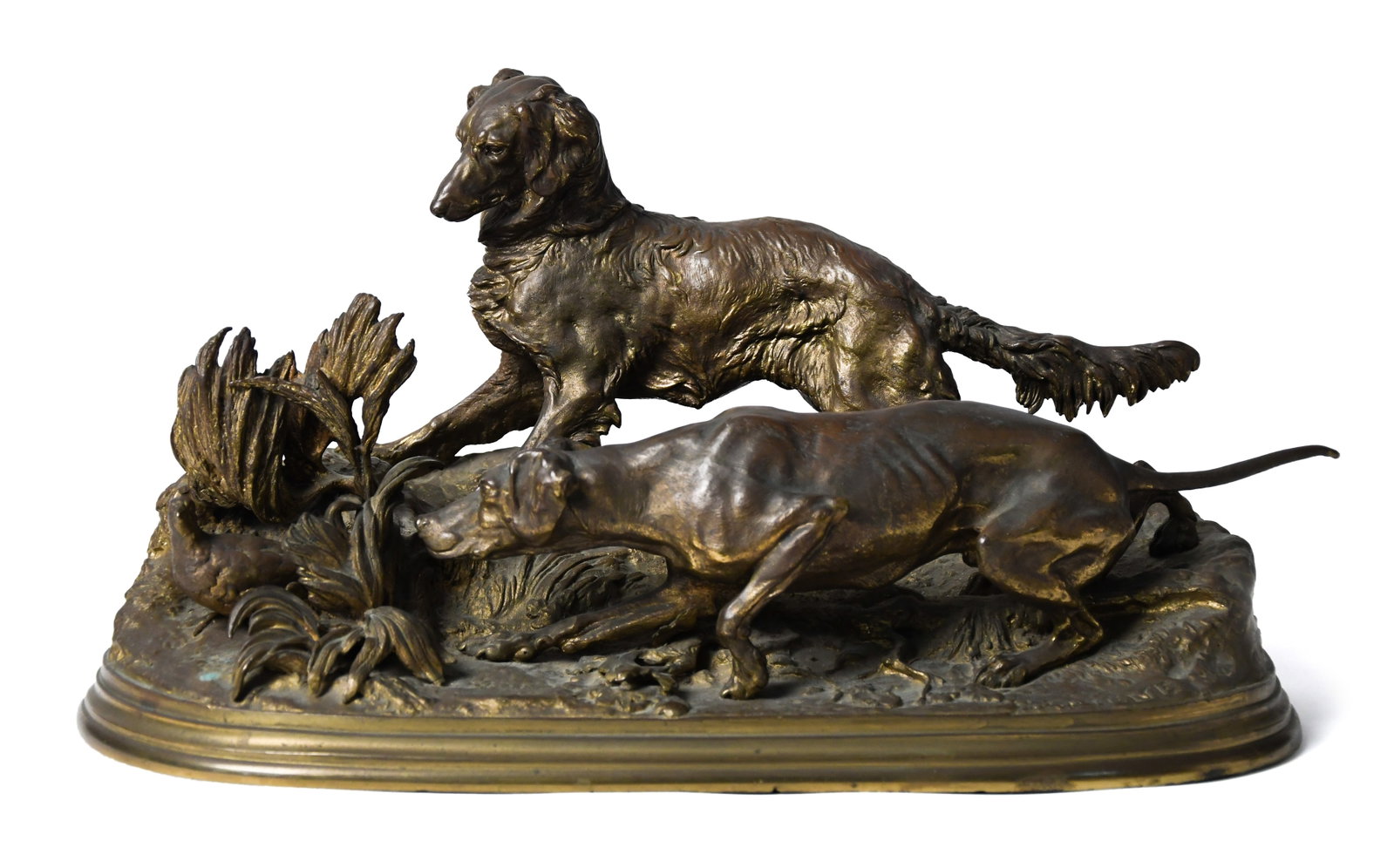 PIERRE JULES MENE BRONZE, PATRIDGE HUNT.: A 19th C. Pierre Jules Mene gilt bronze, titled The Partridge Hunt. Signed P.J. Mene 9”H x 16”W x 7”D.