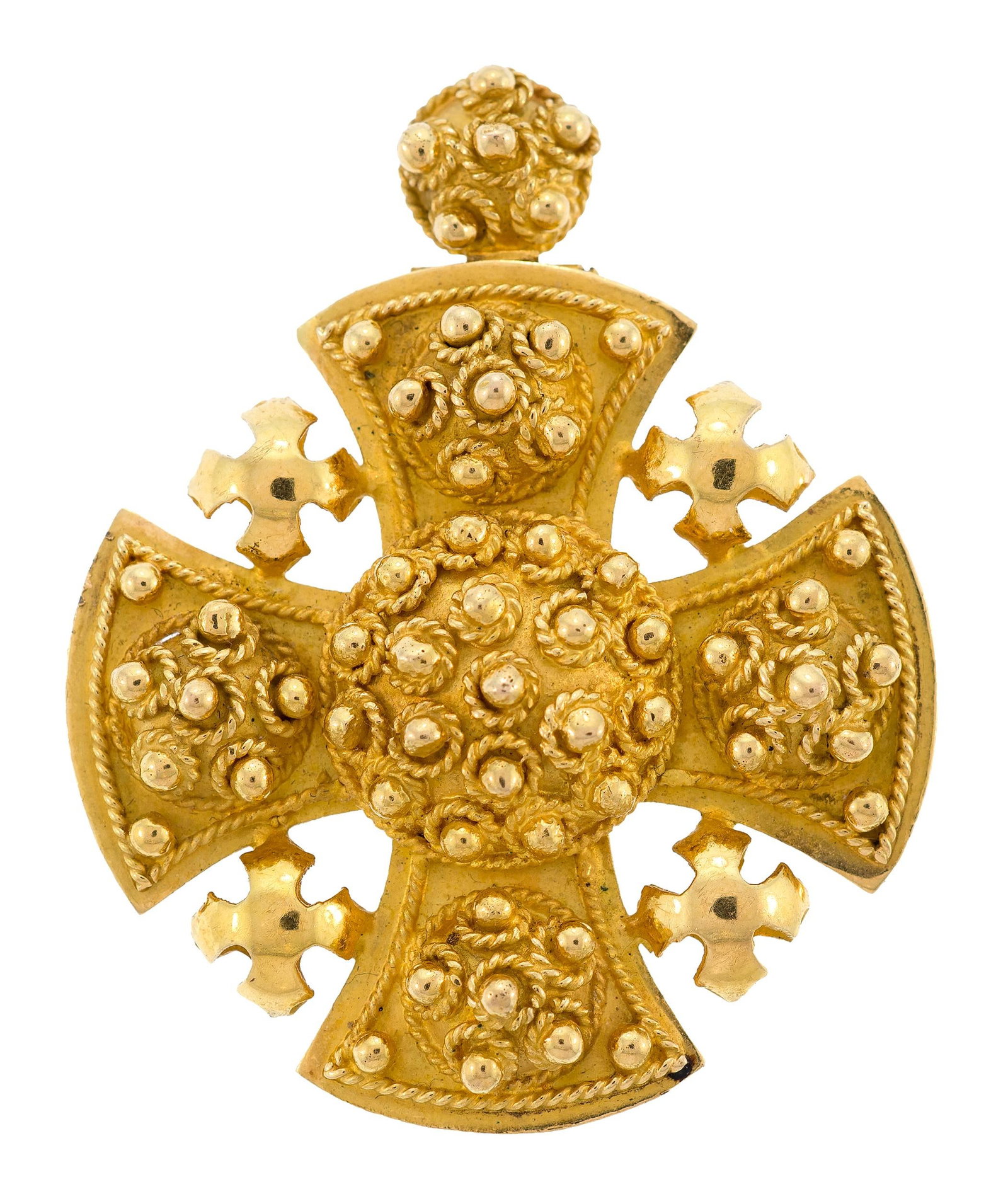 18K GOLD CANNETILLE MALTESE CROSS PIN/PENDANT.: An 18k yellow gold (stamped & tested), cannetille-style, Maltese cross pin/pendant, 2 inches long (including flip-down bail), 18.8 grams.