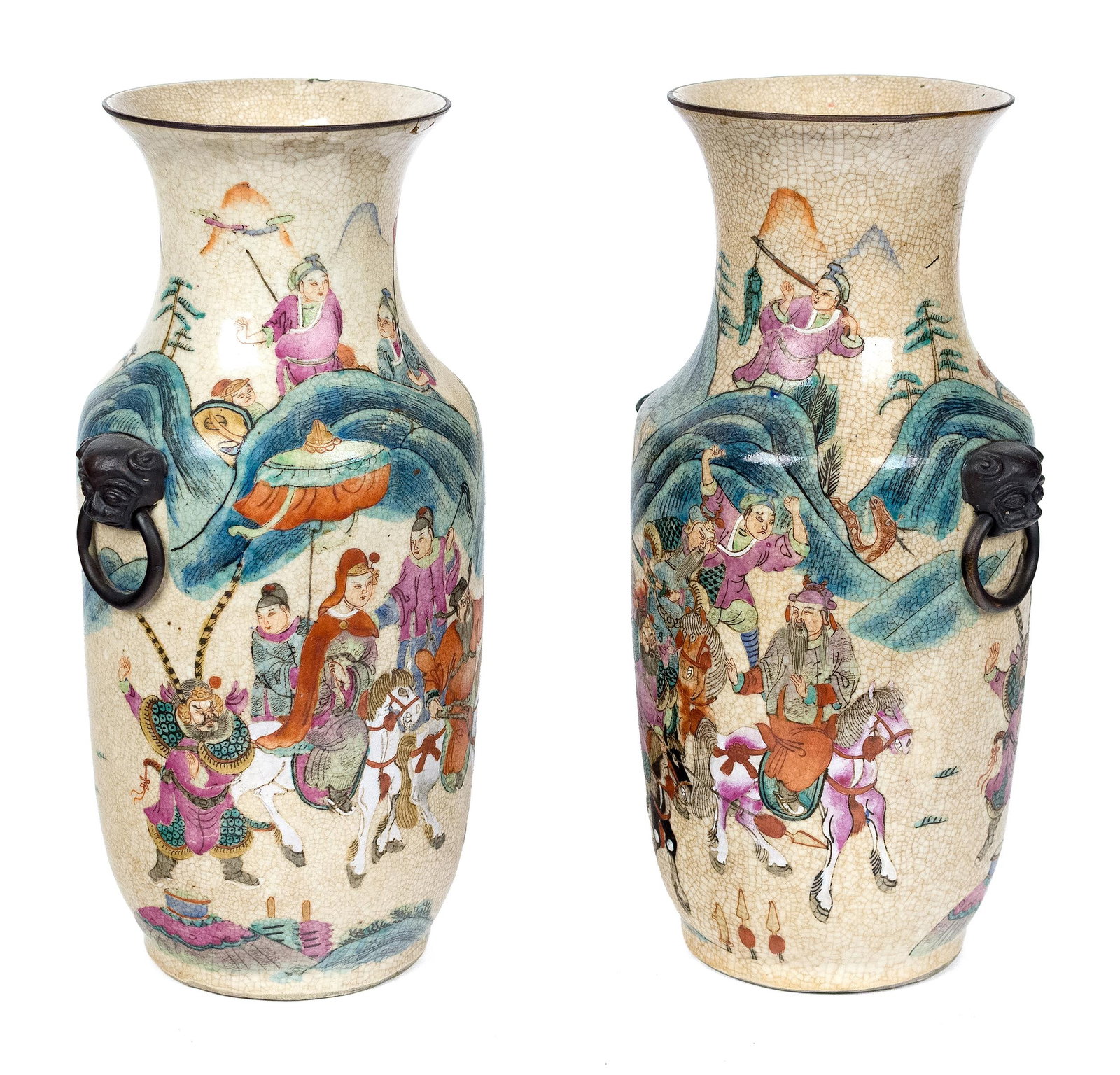 PR. ANTIQUE CHINESE FAMILLE ROSE PORCELAIN VASES.: A pair of signed antique Chinese porcelain vases, each well decorated in a Famille Rose palette, depicting royalty on horseback. 14”H.