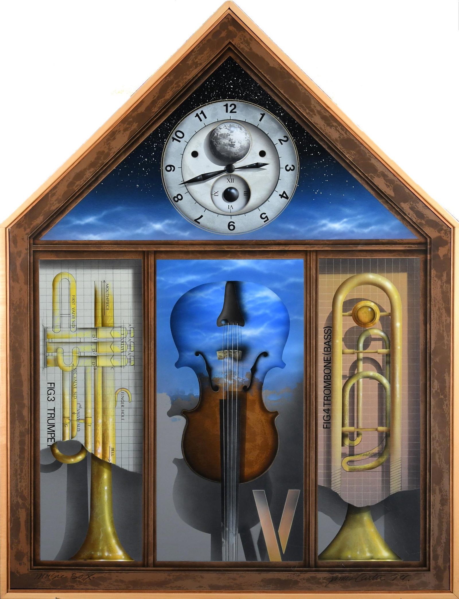 JAMES CARTER ACRYLIC ON BOARD, MUSIC BOX.: A James Carter (CT, 1948) acrylic on board, trompe-l'oeil scene of musical instruments, titled on back “Music Box” and signed lower right James Carter ‘94. Overall in thin wooden fra