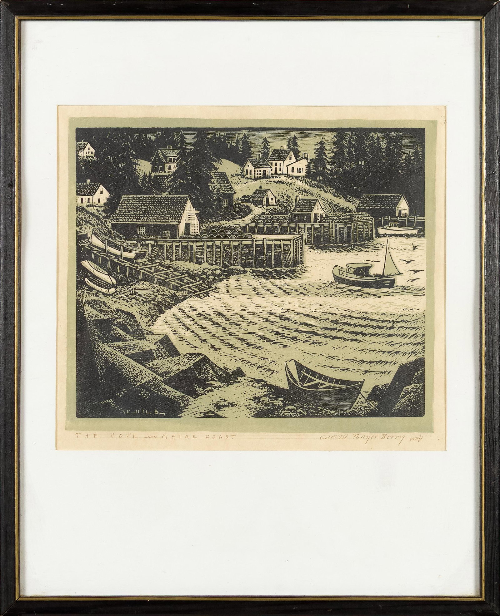 CARROLL THAYER BERRY WOODBLOCK, COVE, MAINE COAST.: A Carroll Thayer Berry (1886-1978) woodblock print, titled in margin “The Cove, Maine Coast”, and signed Carroll Thayer Berry. An unusual two-color print in black and light blue. #63 in ca