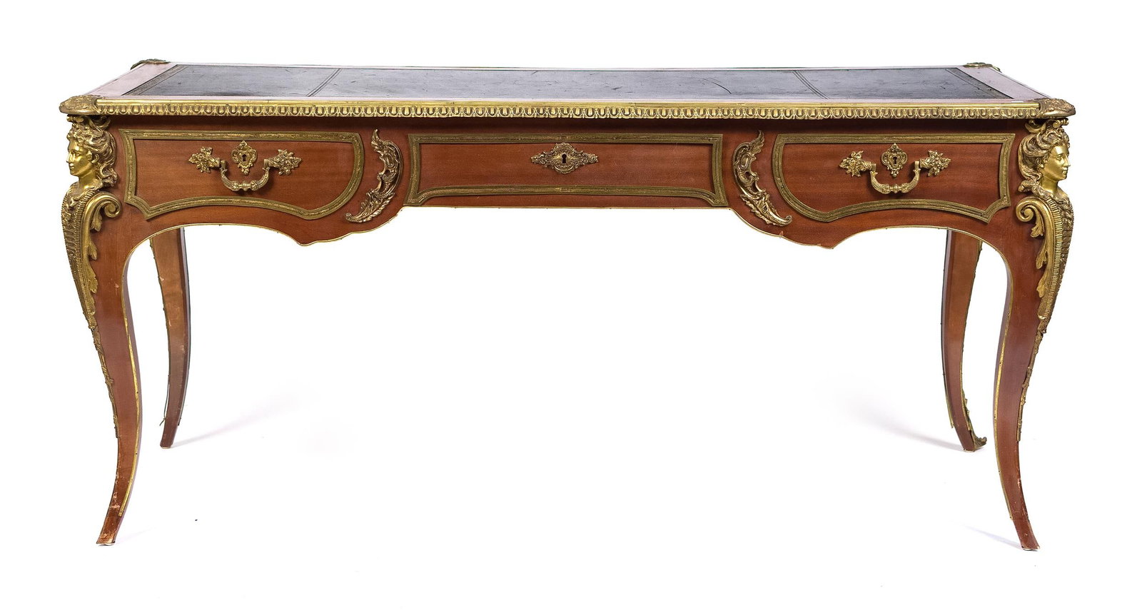 20TH C. FRENCH ORMLOU MOUNTED BUREAU PLAT.: A good mid-20th C. French Louis VX style mahogany bureau plat, with exceptional ormolu mounts, tooled leather writing surface. Apron with three working drawers and opposite side with three false drawe