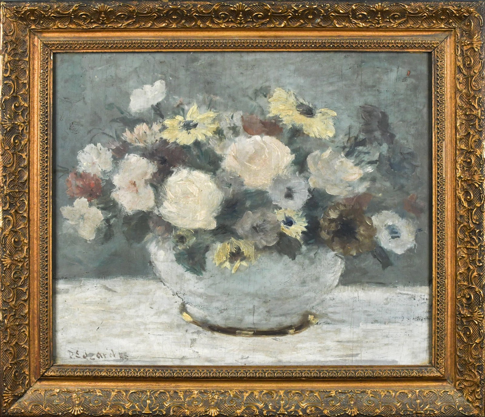 DIETZ EDZARD OIL, STILL LIFE WITH FLOWERS.: A Dietz Edzard (1893-1963) oil on board, still life of flowers, signed lower left D. Edzard. Image 13.5” x 17”, Frame 18.5” x 21.5”.