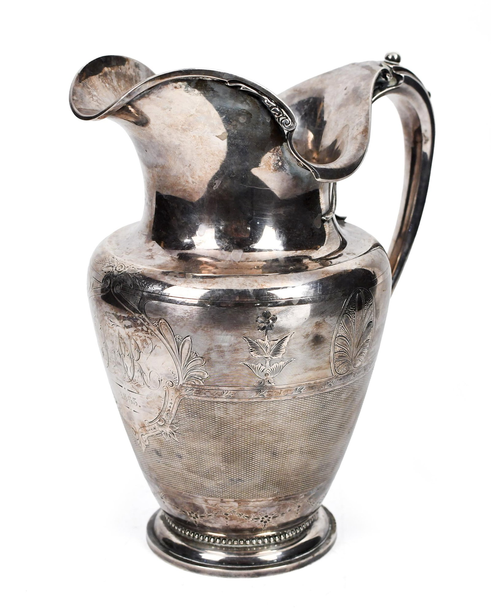 ANTIQUE GORHAM COIN SILVER PITCHER.: An antique Gorham coin silver presentation pitcher, the body engraved with classical designs, monogram and date 1863. 10”H. Total weight 34.2 oz t.