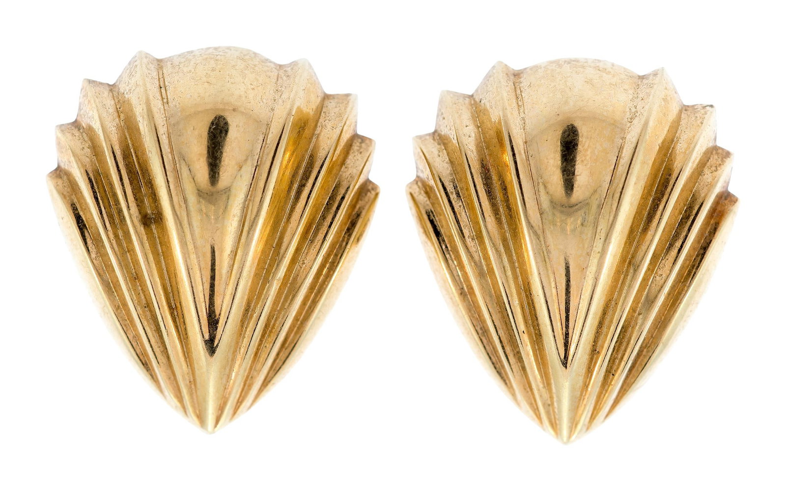 VINTAGE 14K GOLD SCALLOP CLIP EARRINGS.: A pair of vintage, 14k yellow gold (stamped) scallop clip earrings, 1 1/4 inches long, 10 grams.