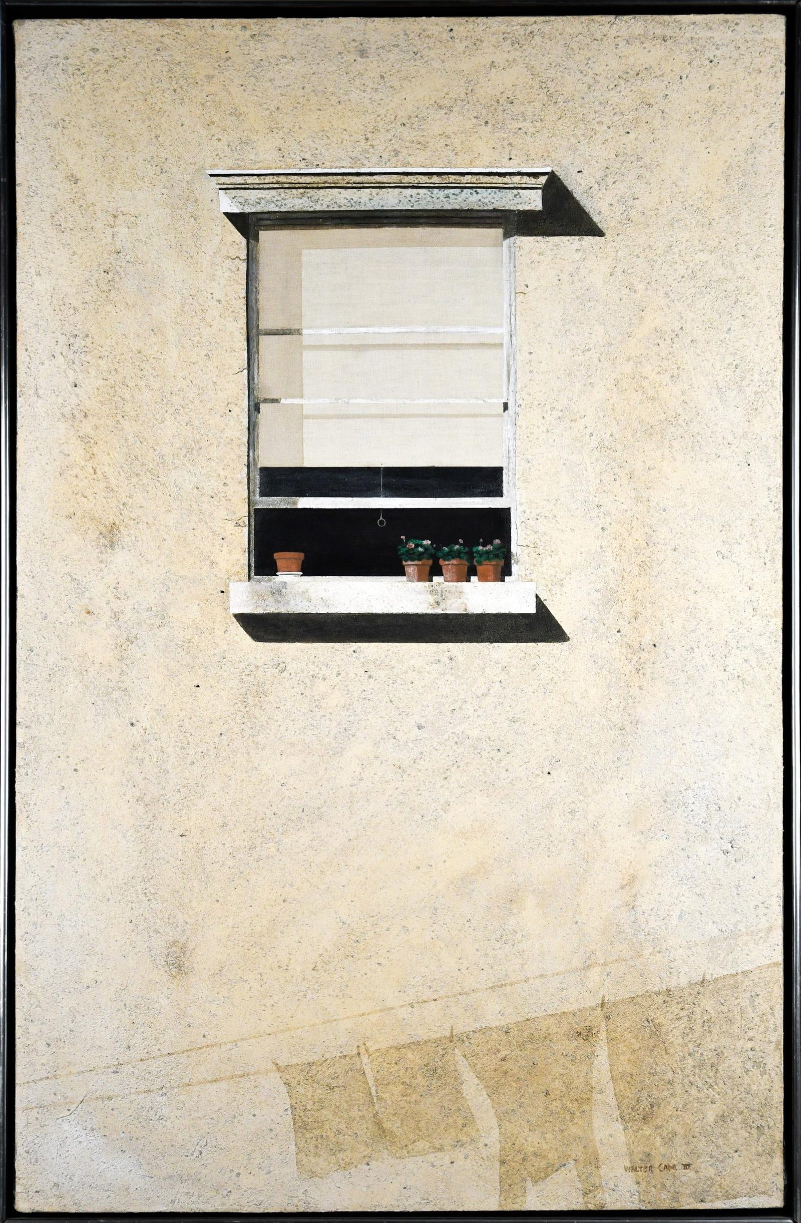 WALTER CADE OIL, WINDOW.: A Walter Cade (NY, b. 1936) textured oil on canvas, window on a white stucco building, signed lower right Walter Cade 80. In thin wood frame, overall 49.5” x 31”.