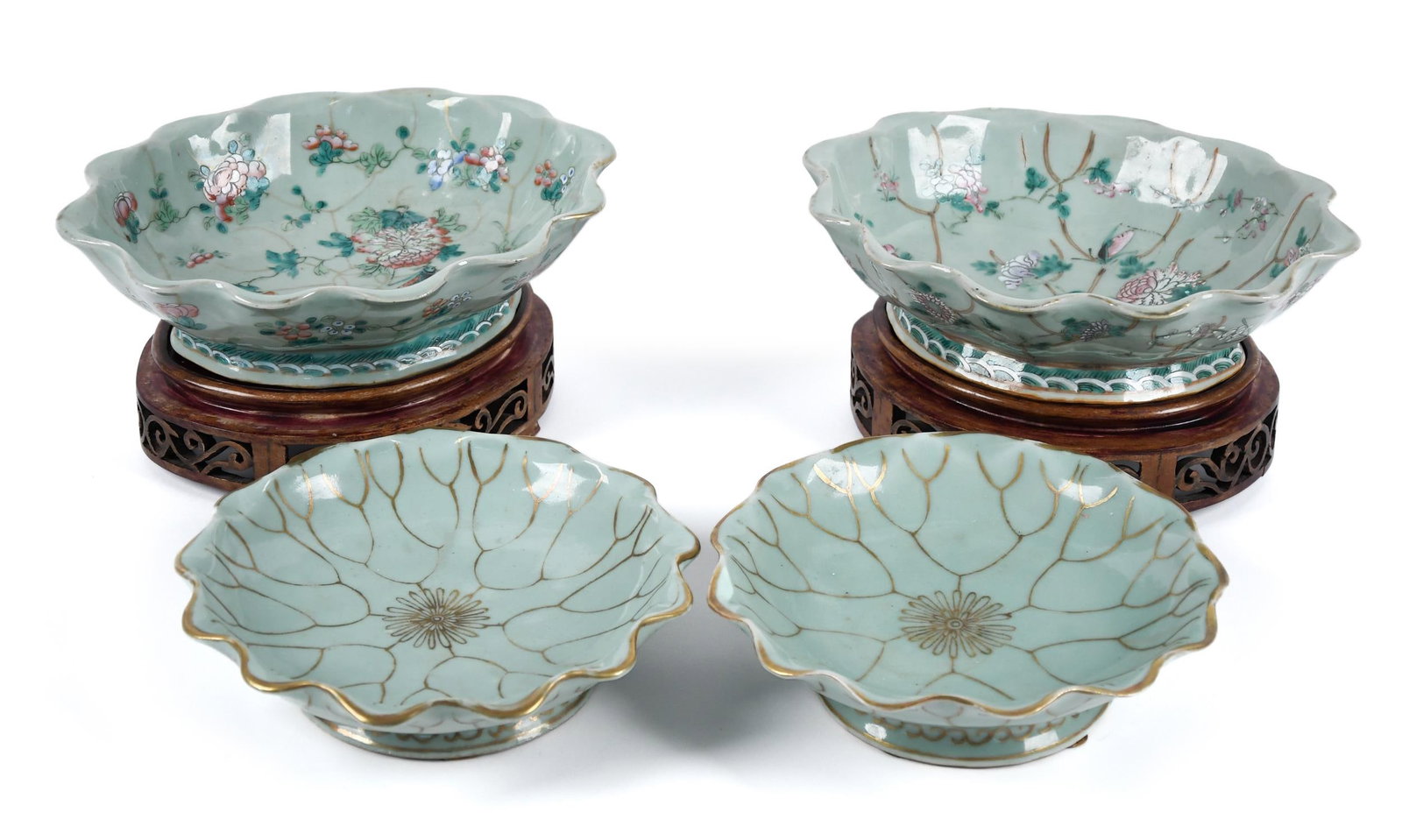 TWO PR. ANTIQUE CHINESE CELADON LOTUS DISHES. (1 of 14)