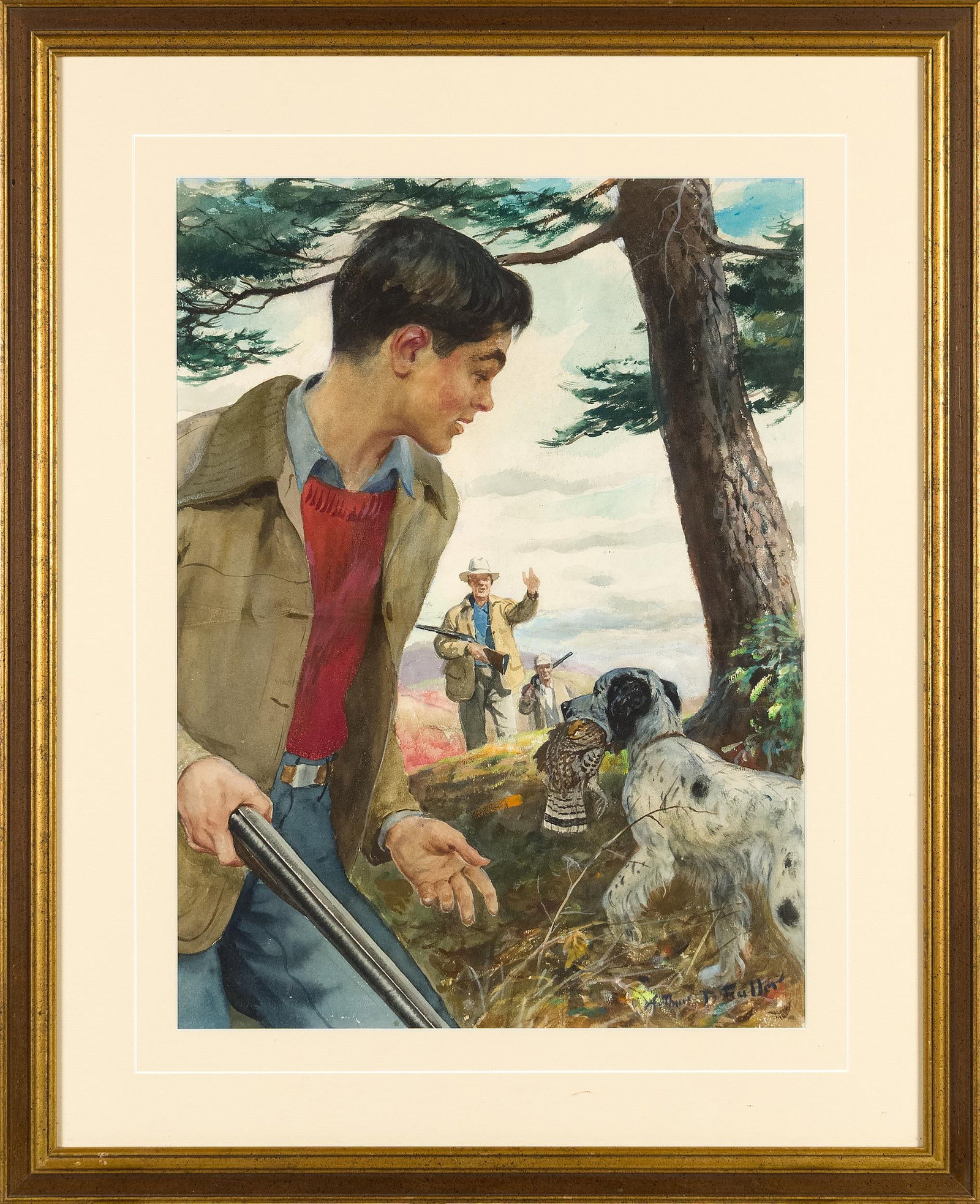 ARTHUR DAVENPORT FULLER WATERCOLOR, HUNTERS.: An Arthur Davenport Fuller (1889-1966) watercolor on paper, illustration of hunters and hunting dog, signed lower right Arthur D. Fuller. Image 20” x 15”, frame 28” x 23”.