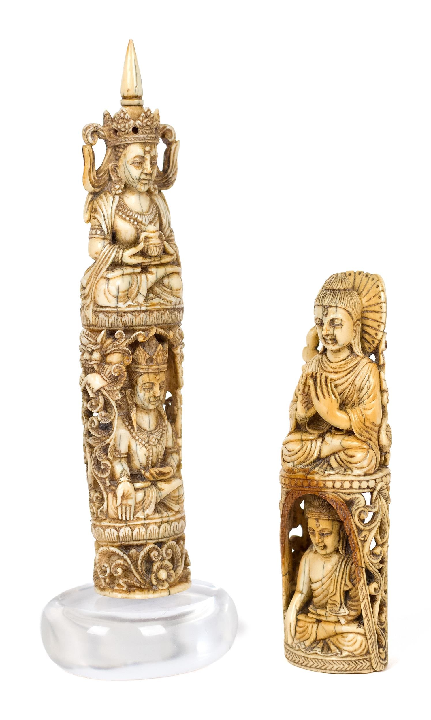 TWO ANTIQUE CARVED CHINESE FIGURES.: Two 19th C. or earlier carved Chinese Buddha figures, each with two seated Buddhas and other deities. 4.5 and 6” H.