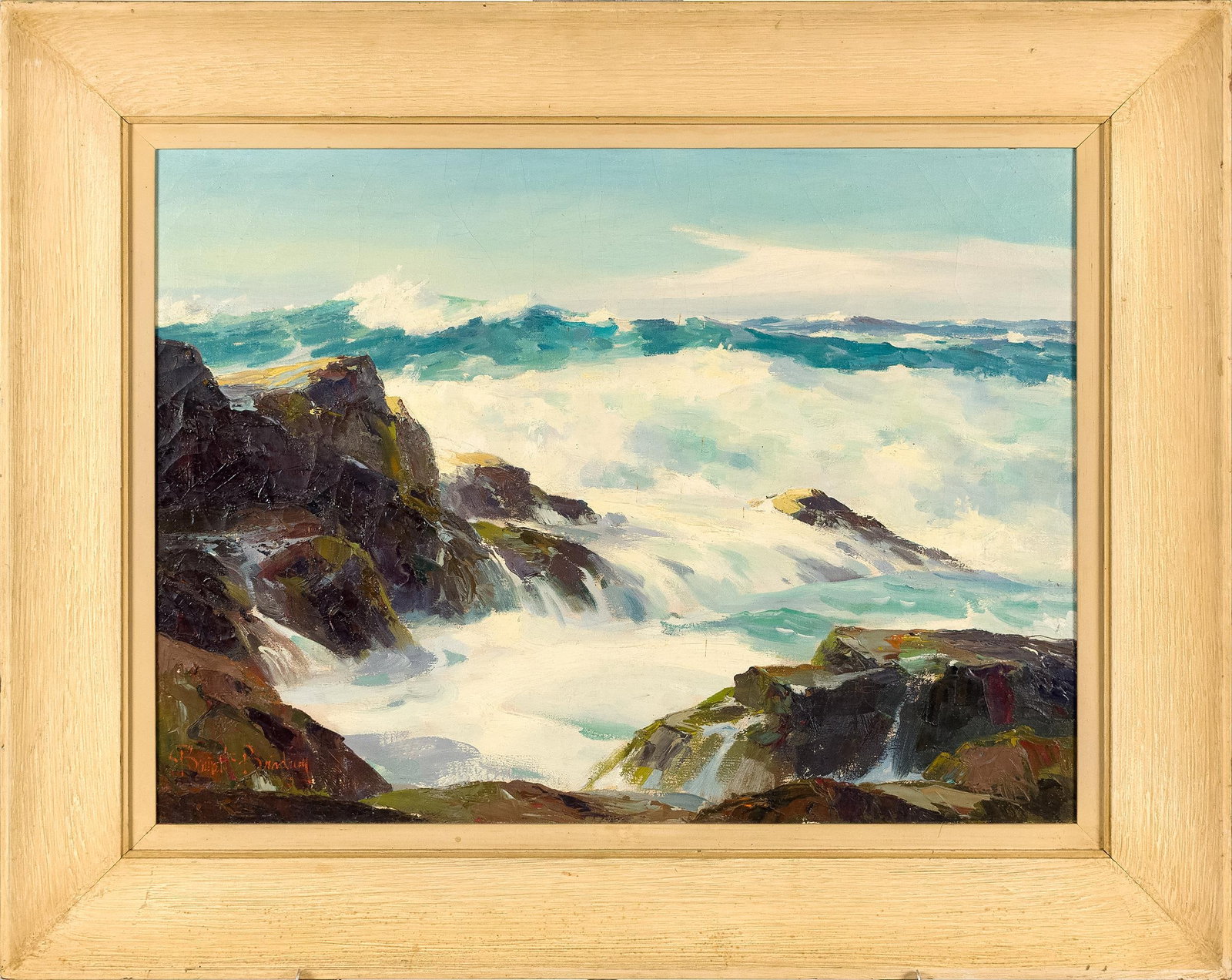 BENNETT BRADBURY OIL, POINT VICENTE, CA.: A Bennett Bradbury (1914-1991) oil on canvas, coastal scene, signed lower left Bennett Bradbury, titled on reverse Pt. Vicente (CA). Canvas 20” x 27”, Frame 28” x 35”.