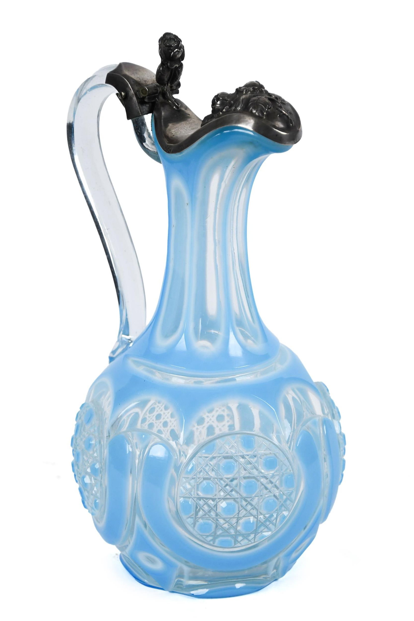 19TH C. BOHEMIAN BLUE CUT OVERLAY EWER. (1 of 1)