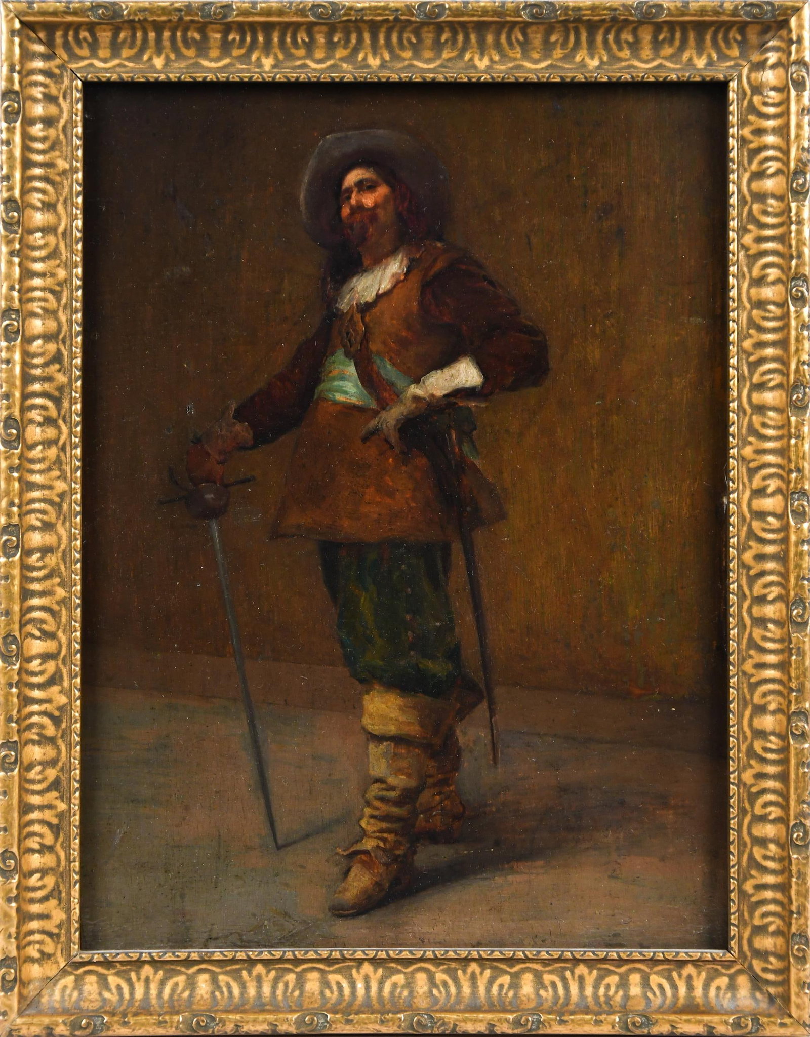 19TH C. OIL ON WOOD PANEL, CAVALIER.: A late 19th C. oil on wooden panel, a proud cavalier leaning on sword, unsigned. Image 11.5” x 9”, Frame 13” x 10”.