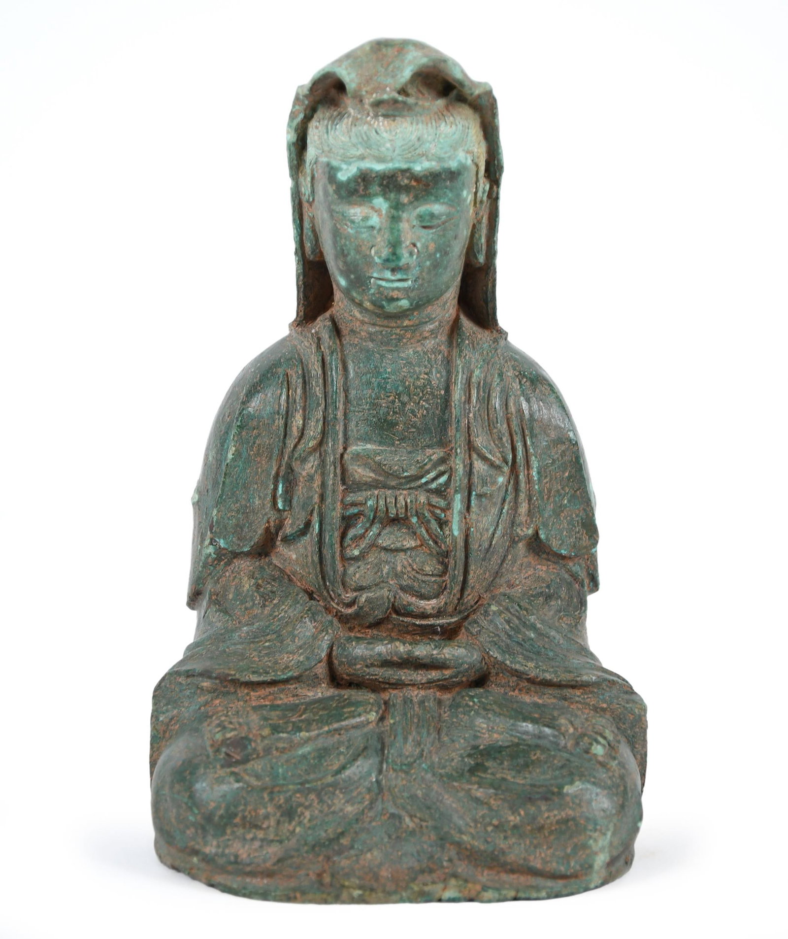ANTIQUE CHINESE BRONZE SEATED BUDDHA.: An antique bronze seated Buddha with heavy verdigris surface. 8”H x 5”W x 4.5”D.