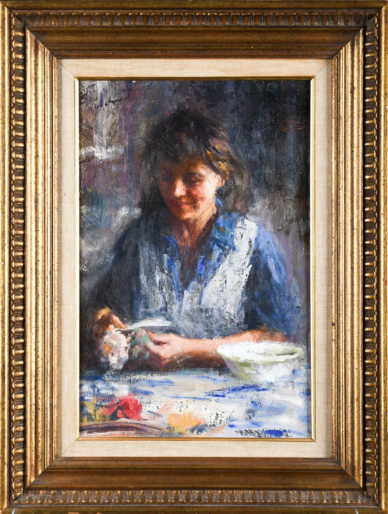 RICHARD SCHMID, OIL, WOMAN WITH FLOWERS.: A Richard Schmid (1934-2021) oil on board, woman in blue with flowers, signed upper left Schmid. Image 13.5” x 8.5”, Frame 14” x 19”.