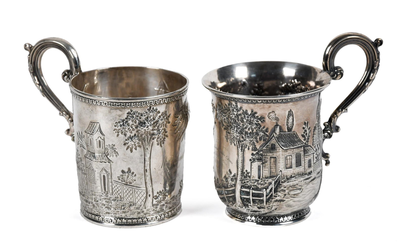 TWO GORHAM COIN SILVER CUPS.: Two antique Gorham coin silver handled cups, including example with decoration of trees and cottage, engraved Jennie Maria David Cross 4”H, 3.6 oz t. Along with other with palm trees and pagodas