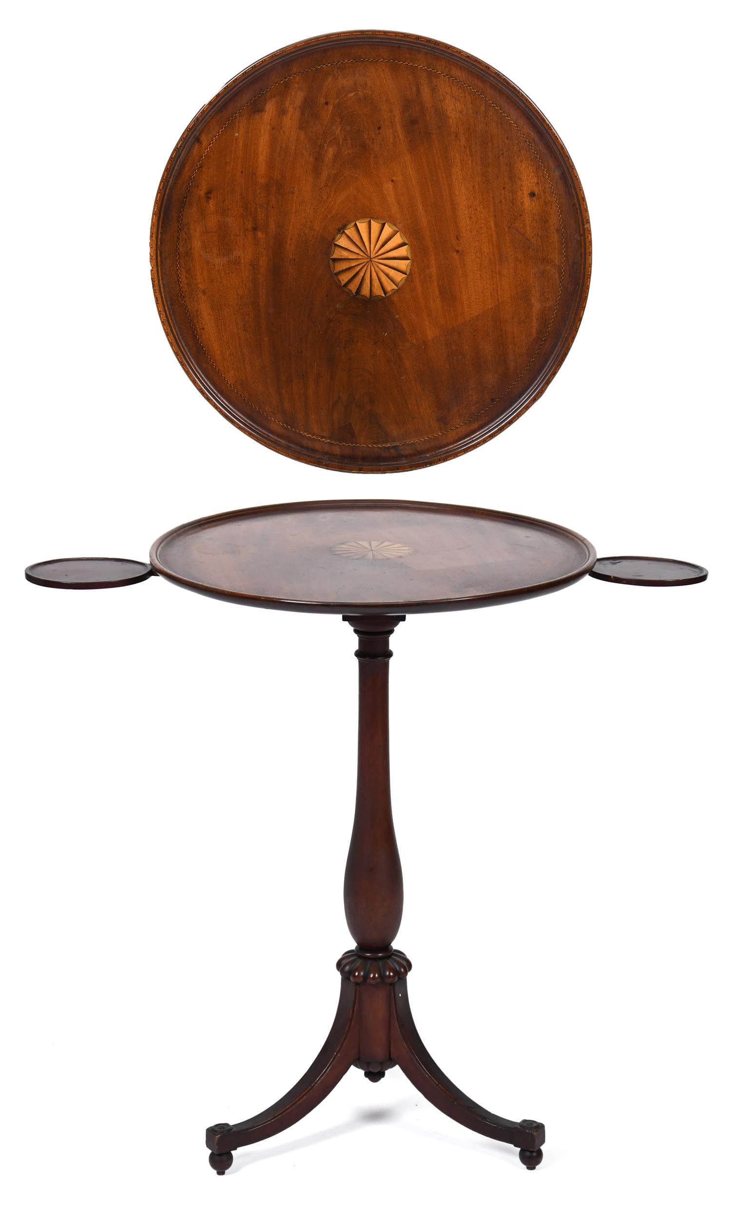 19TH C. INLAID MAHOGANY TEA TABLE WITH CANDLE RESTS.: A ca. 1820 mahogany dish top candlestand, with excellent satinwood paterae inlay, detailed inlay in outer edge. Unusual articulated candle holders which swivel out from underside. 28.5”H x top 2