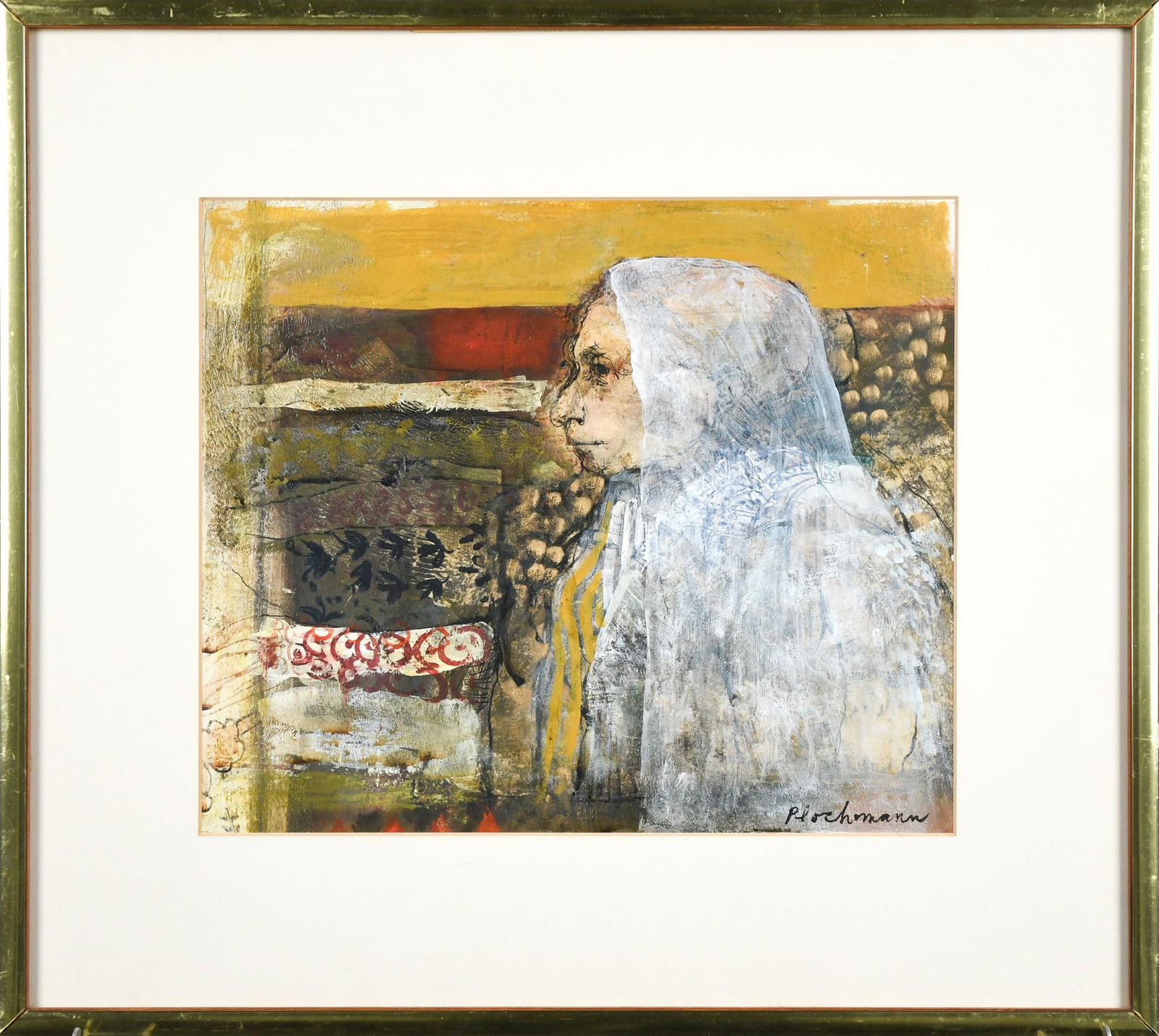 CAROLYN PLOCHMAN MIXED MEDIA, INDIA.: A Carolyn Gassan Plochmann (1926-2023) mixed media on paper, figure with veil, signed lower right Plochmann, Kennedy Galleries label on reverse with title India. Image 11.5” x 13.5”,