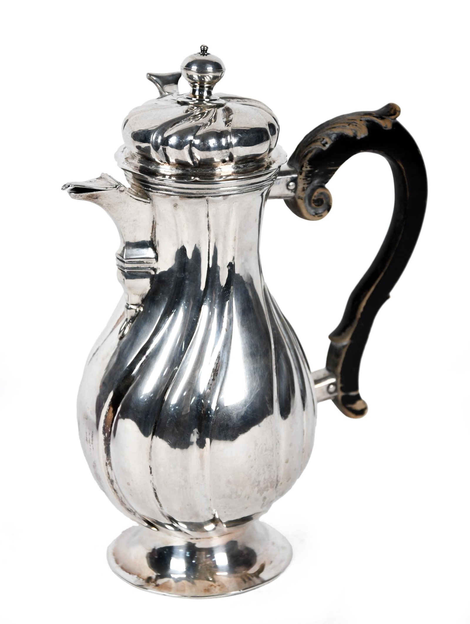 ANTIQUE EUROPEAN SILVER LIDDED TEAPOT.: An antique European silver teapot, with hinged lid and spout cover, black painted wood handle, with European hallmarks, 9”H. 16 oz t.