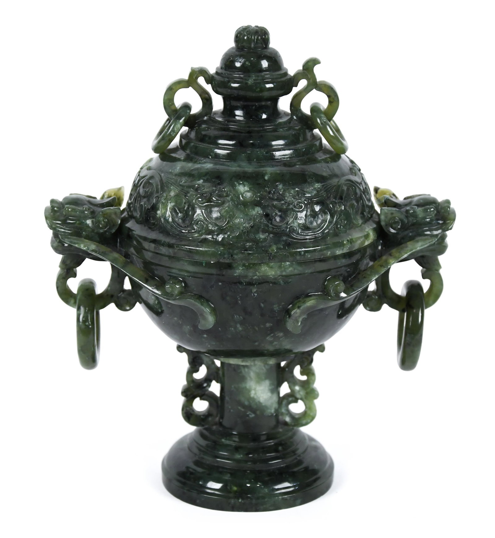 VINTAGE CHINESE CARVED JADE COVERED DISH.: A vintage 20th C. Chinese carved green jade covered dish with ring handles, foo lion motifs. 8”H x 7”W.