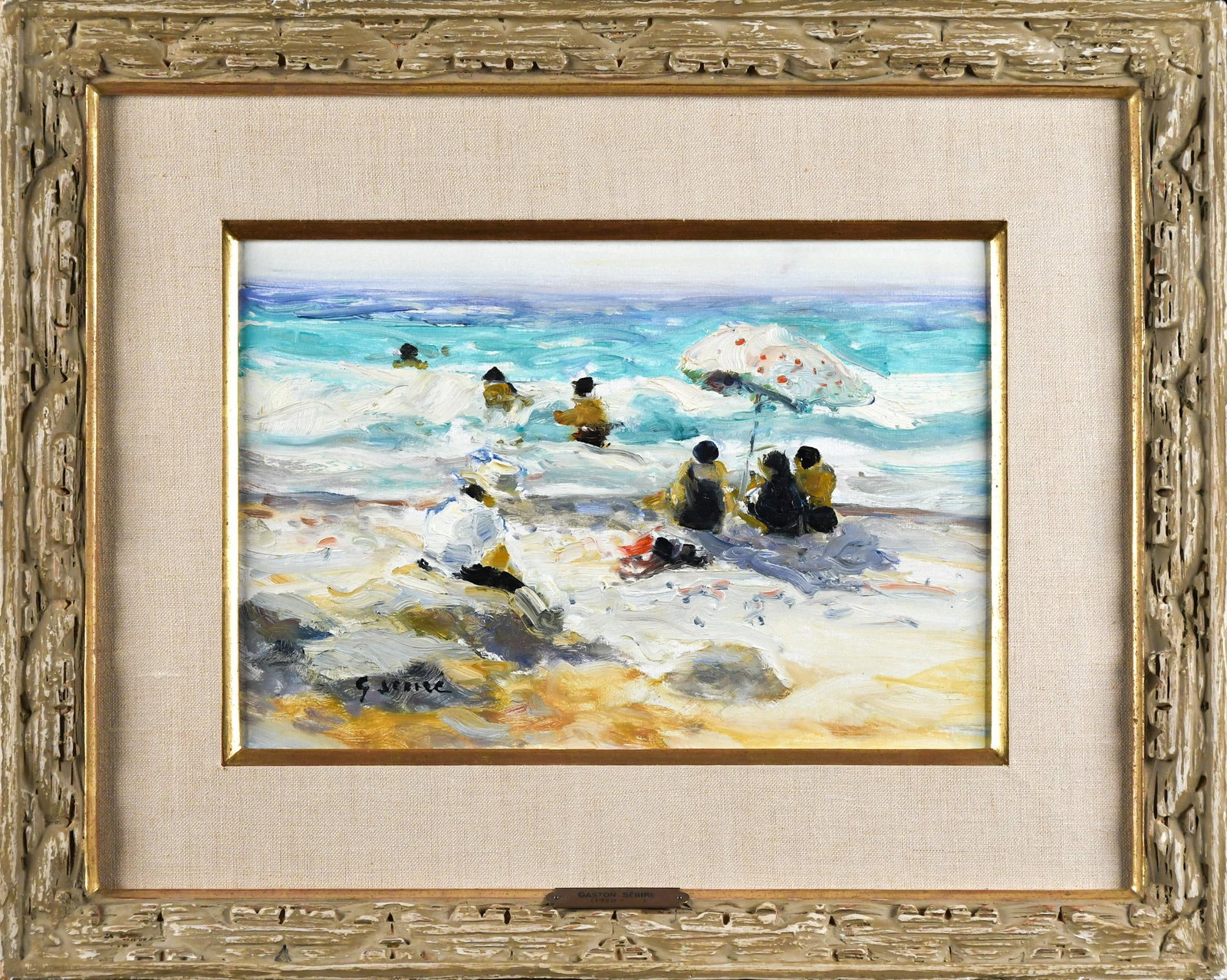 GASTON SEBIRE OIL, BEACH SCENE.: A Gaston Sebire (France, 1920-2001) oil on canvas, beach scene, signed lower left G. Sebire. Image 9” x 13.5”, Frame 17” x 21.5”.