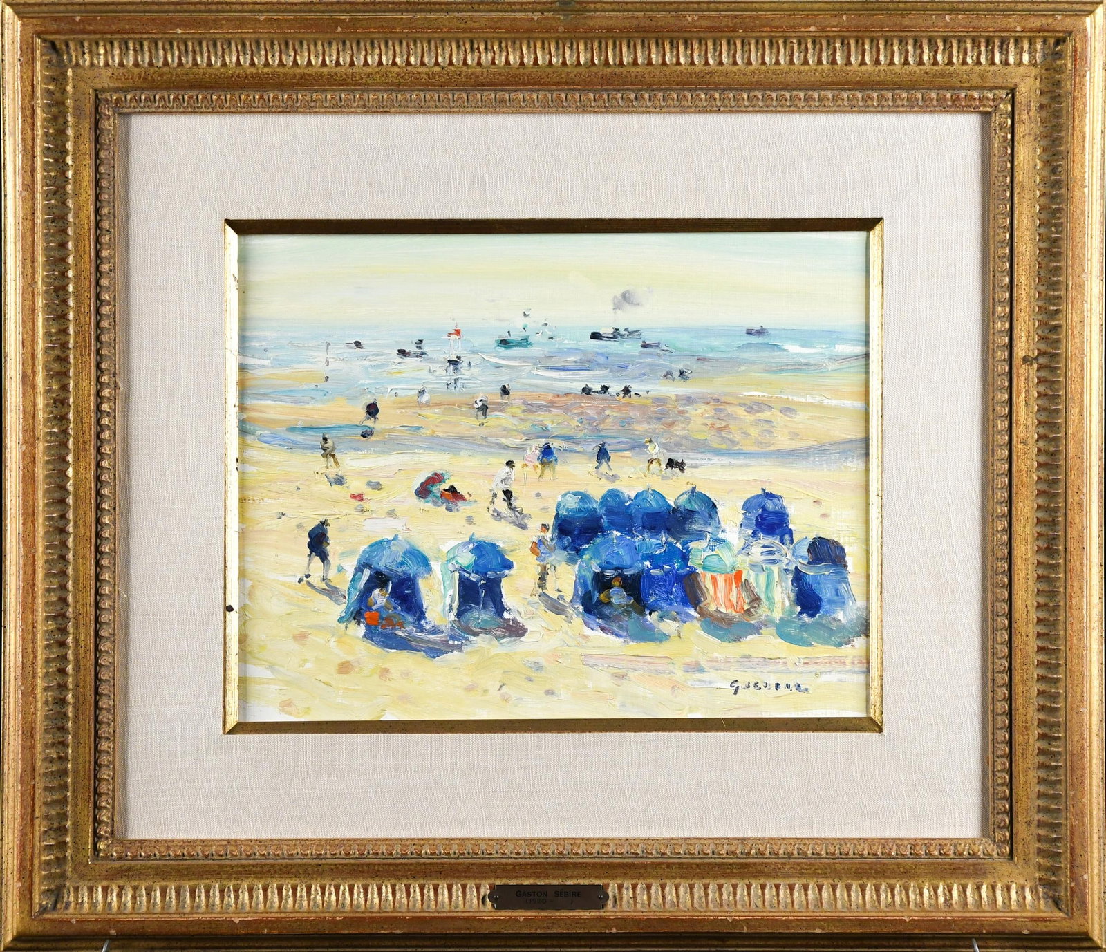 GASTON SEBIRE OIL, BEACH SCENE.: A Gaston Sebire (France, 1920-2001) oil on canvas, beach scene, signed lower left G. Sebire. Image 10” x 13.5”, Frame 20” x 23.5”.
