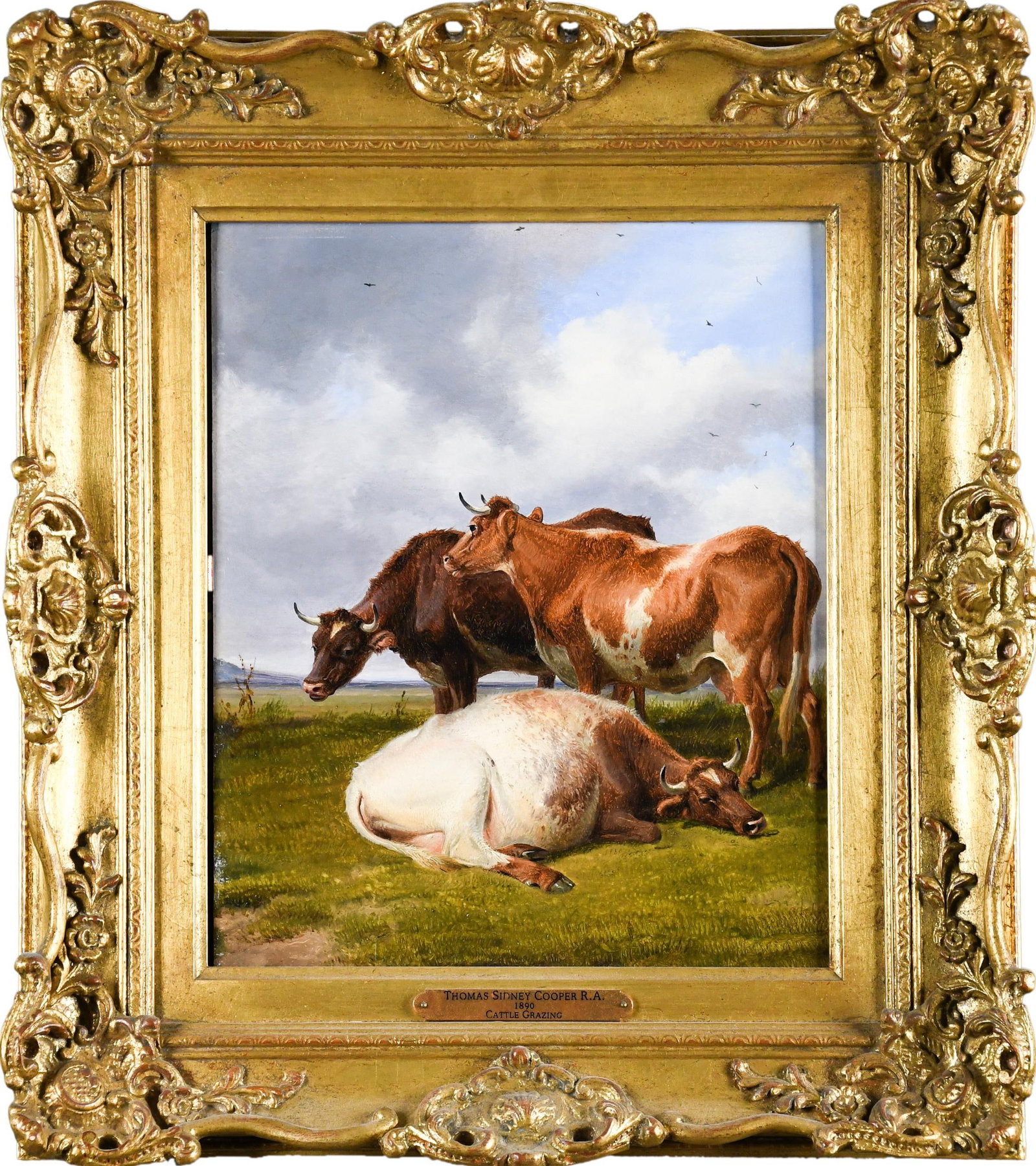 THOMAS SIDNEY COOPER OIL, CATTLE GRAZING.: A Thomas Sidney Cooper (UK, 1803-1902) oil on board, cattle grazing, signed and dated lower left T. Sidney Cooper, 1890. Image 11.5” x 10”, Frame 18” x 16”.