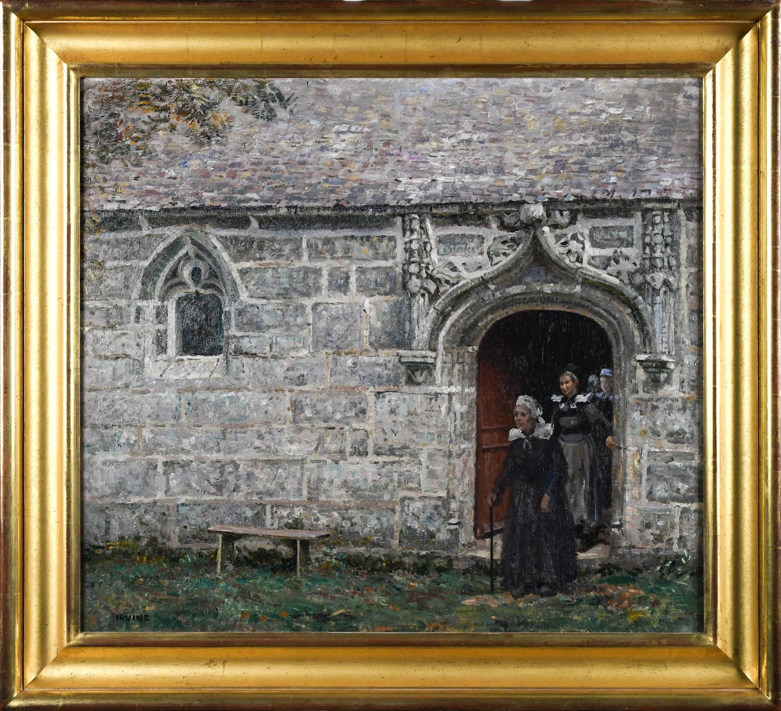 WILSON IRVINE OIL, BRETON WOMEN.: A Wilson Irvine (1869-1936) oil on canvas, “Breton Women”, depicting woman coming out of stone building, signed lower left Irvine. Image 23.5” x 26.5”, Frame 30” x 33R