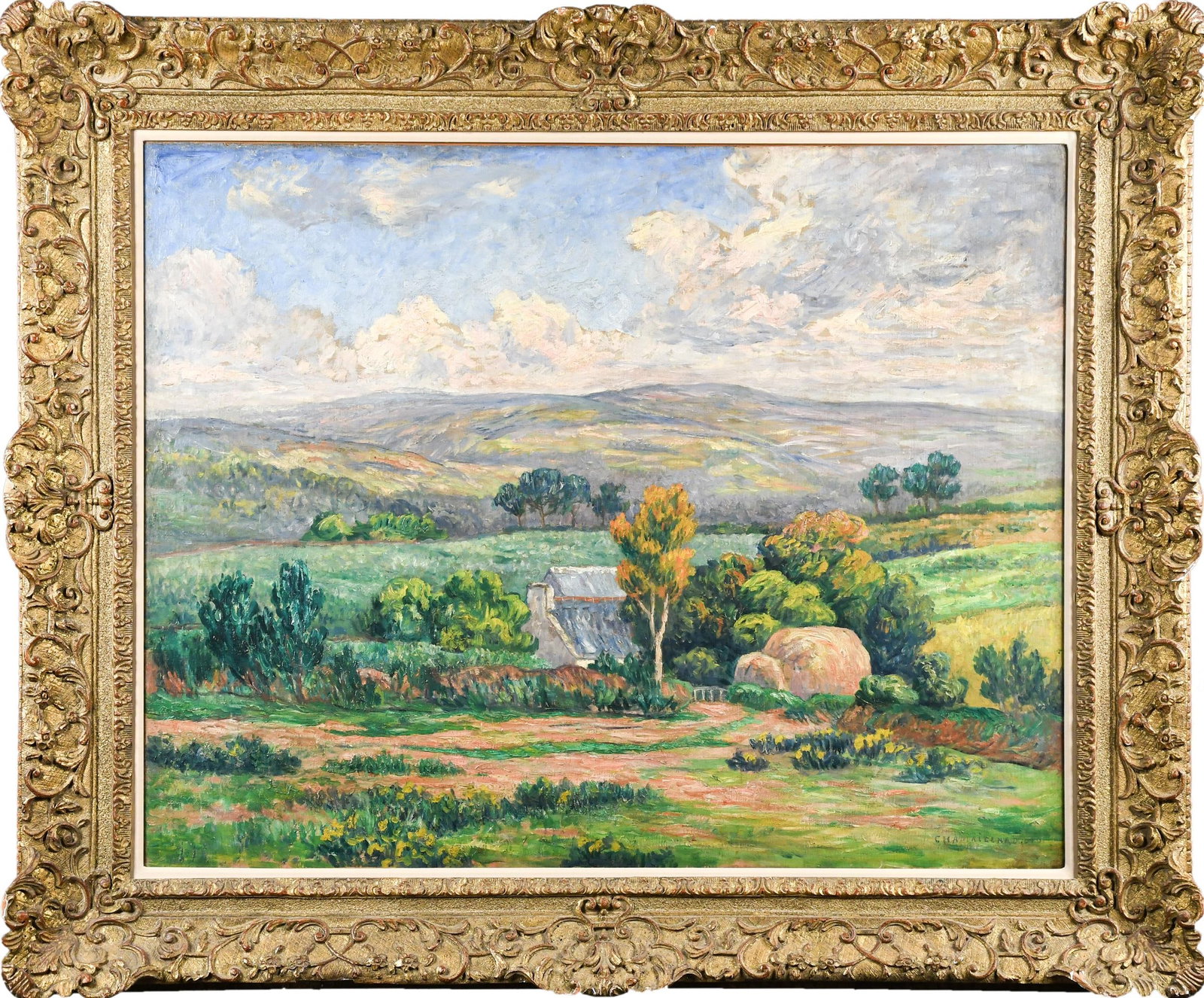 ERNEST PONTHIER CHAMAILLARD OIL, LANDSCAPE.: An Ernest Ponthier Chamaillard (France, 1862-1930) oil on canvas, French provincial landscape with cottage and haystacks. Signed lower right Chamaillard. Canvas 29” x 36”, Frame 38”