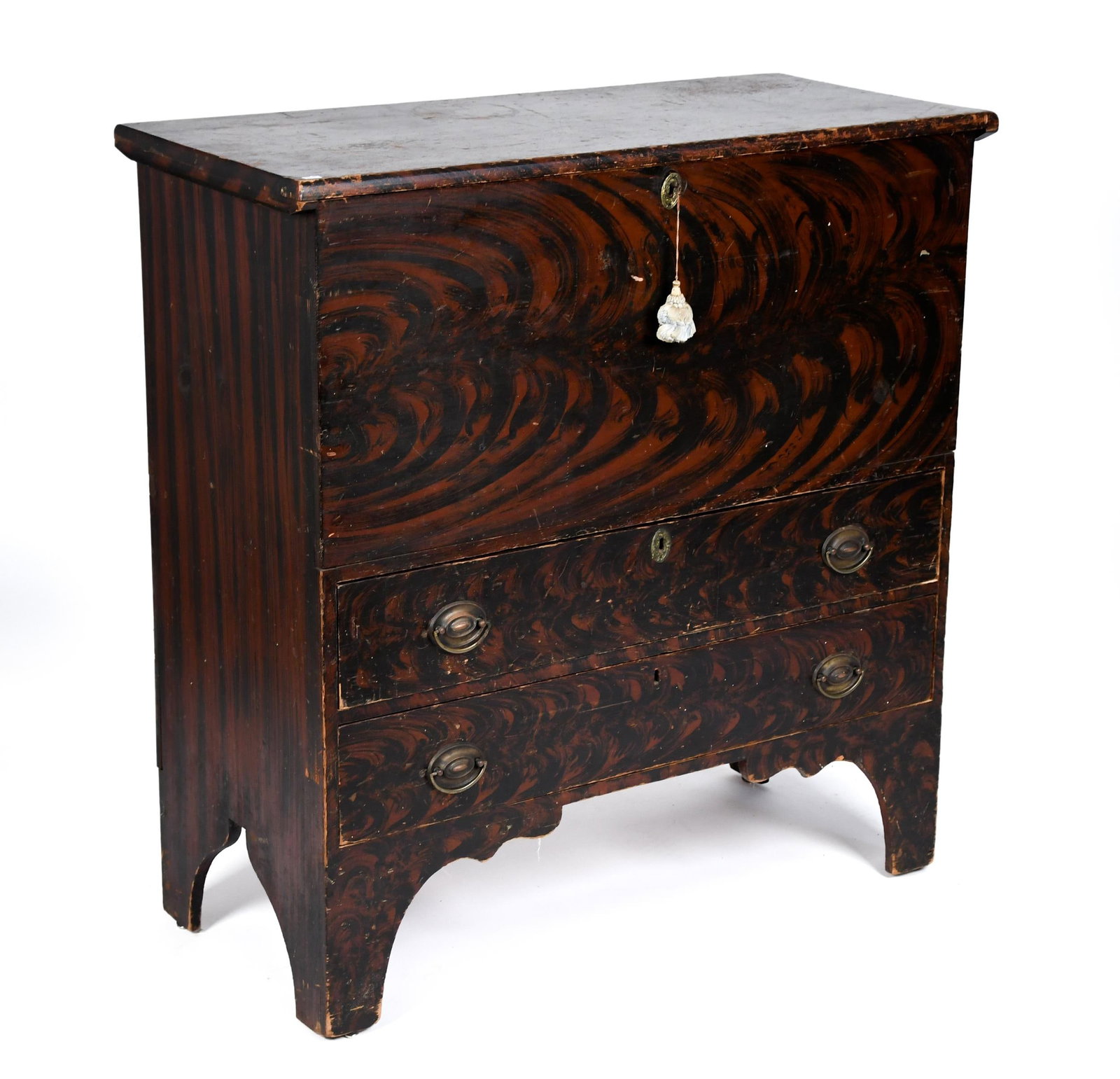 19TH C. STATE OF MAINE PAINT DECORATED BLANKET CHEST.: A ca. 1810 Maine paint decorated blanket chest with two lower drawers under a hinged lid with open storage space, on a high cut out base. 41”H x 39.5”W x 18”D.