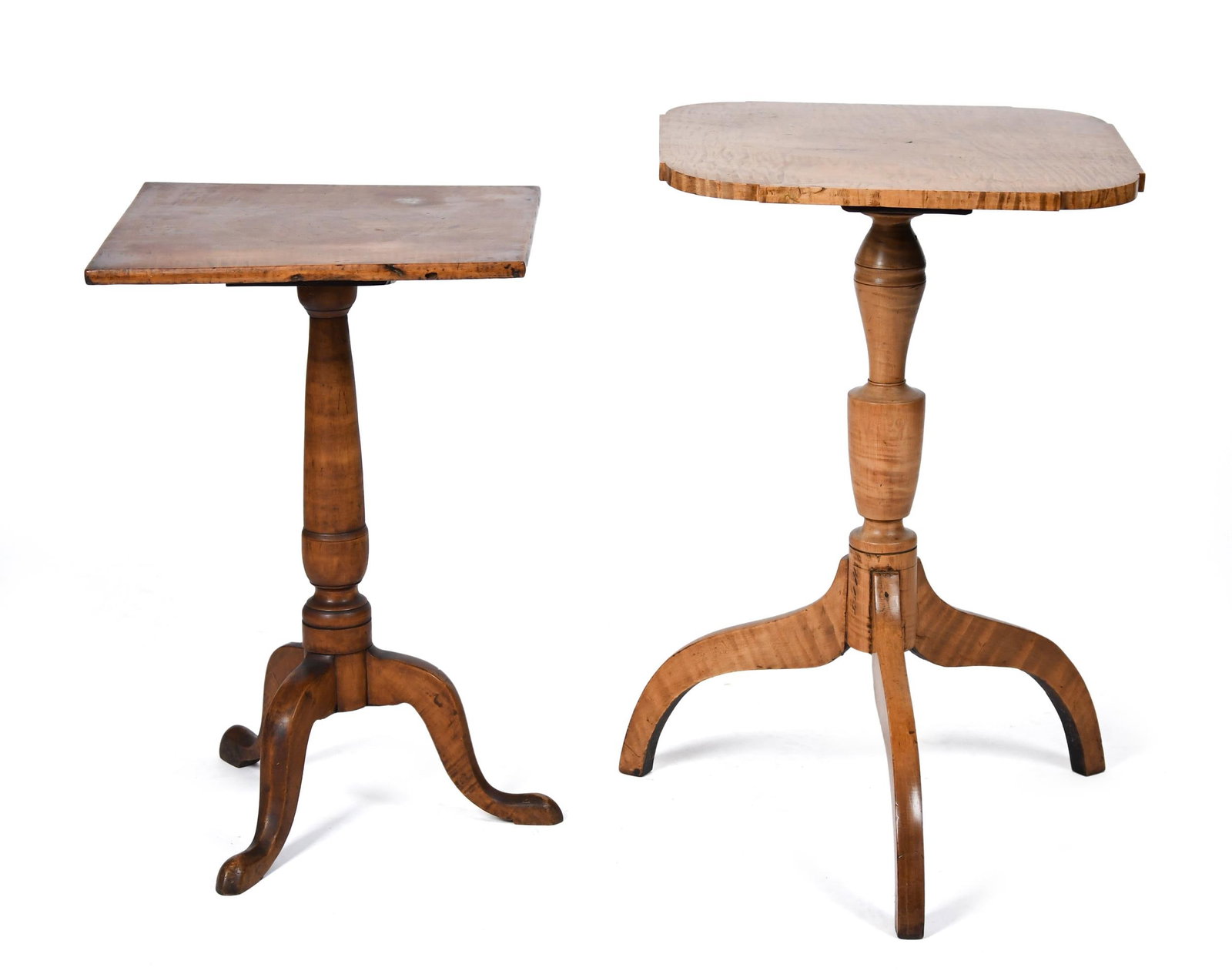 TWO ANTIQUE AMERICAN TIGER MAPLE CANDLESTANDS.: An 18th C. American Queen Anne figured or tiger maple square top candlestand on cabriole legs 24”H x top 15” x 16”. A ca. 1800 American Federal tiger maple candlestand with shaped to