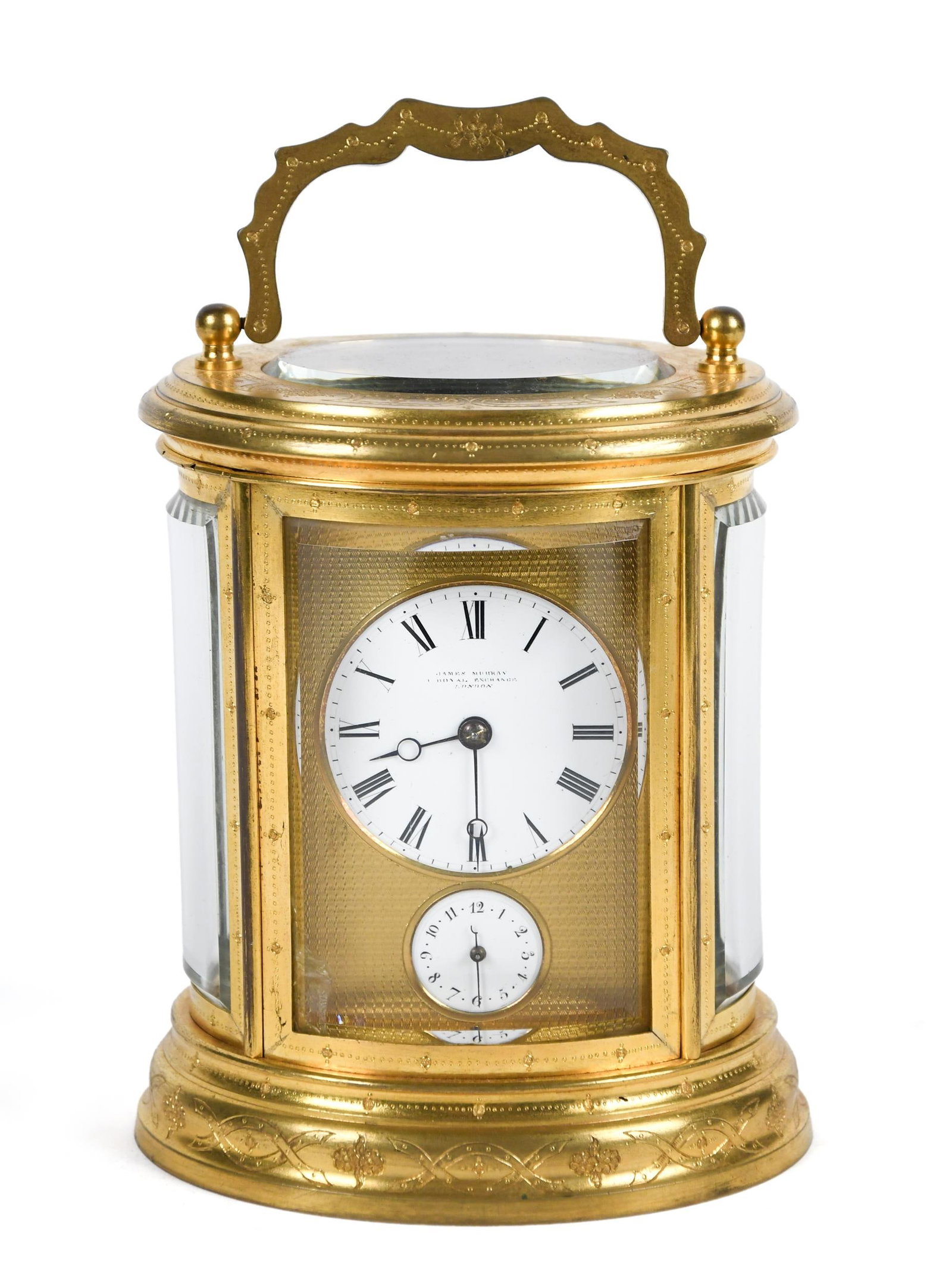 FINE 19TH C. JAMES MURRAY SONNERIE CARRIAGE CLOCK.: A fine late 19th C. French engraved oval grande sonnerie carriage clock with alarm, porcelain dial signed, ‘James Murray London’, works signed, ‘Hands’. Includes original fitte