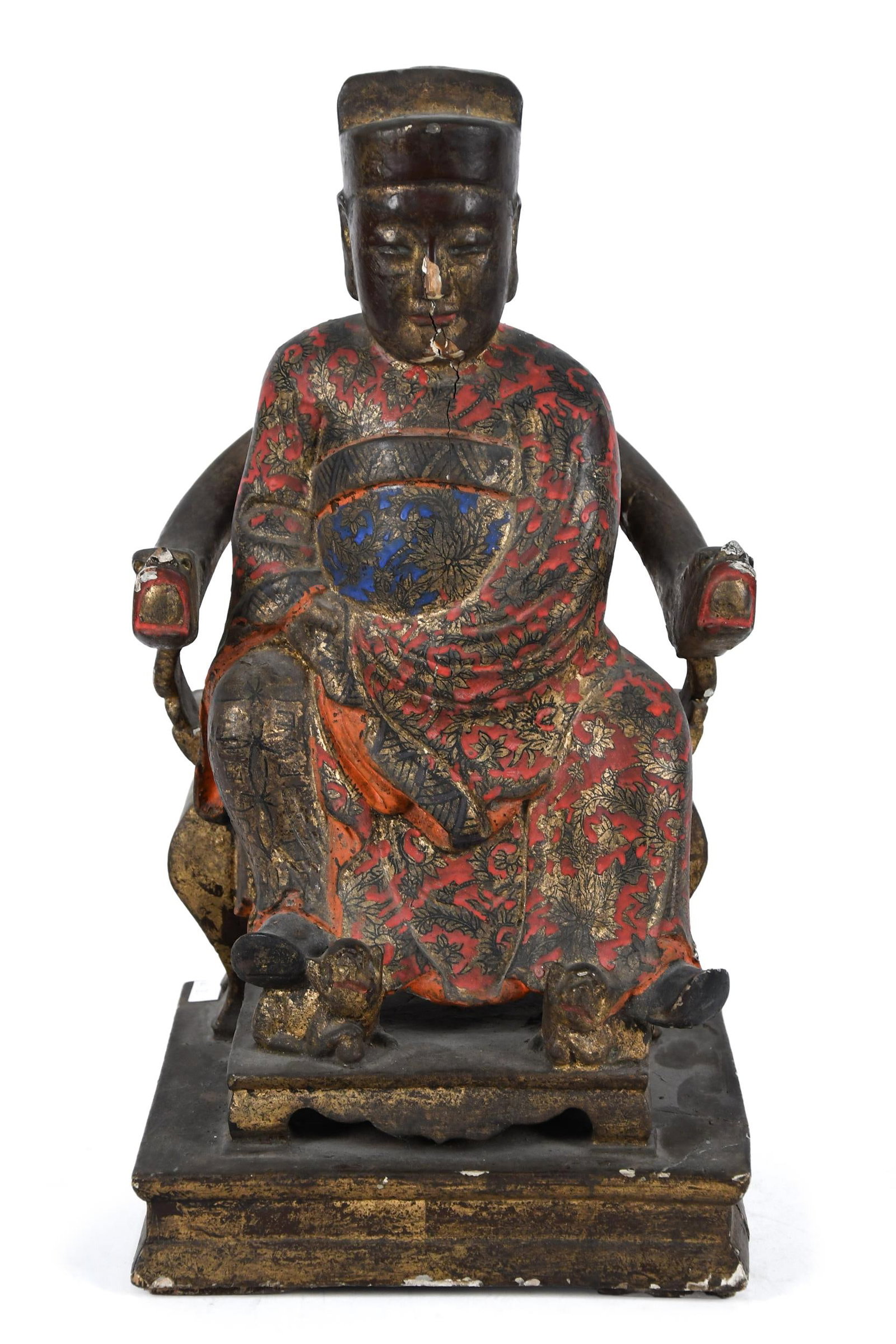 18TH C. CHINESE PAINTED WOODEN EMPEROR SCULPTURE.: An 18th C. Chinese carved, gessoed and polychrome painted wooden emperor sculpture in seated position on throne. 16”H x 9”W x 8”D.