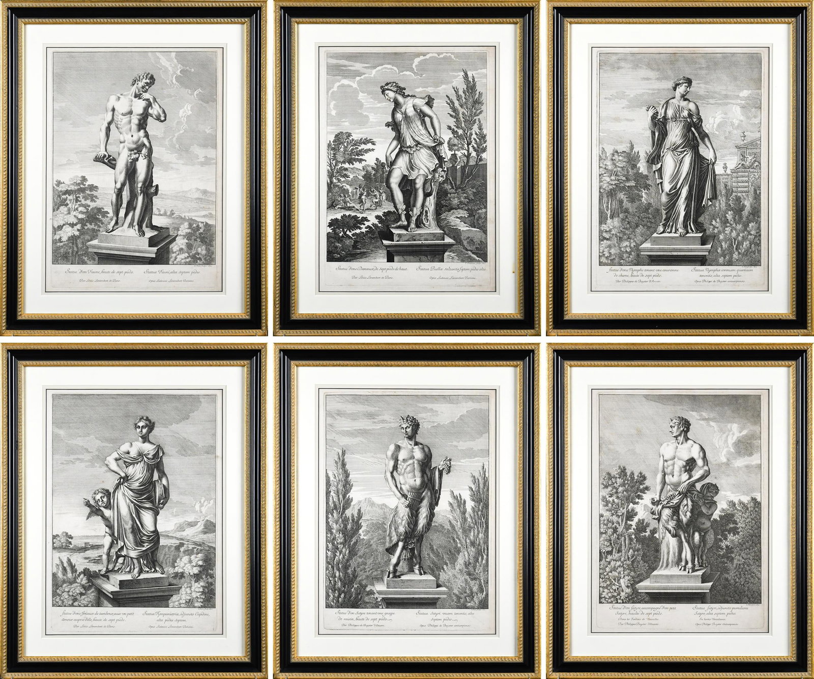 SIX ANTIQUE ENGRAVINGS, FAMOUS SCULPTURES.: Six antique engravings, by Le Potre and others, of famous Grecian and Roman sculptures. In matching frames, overall 22.5” x 18”.