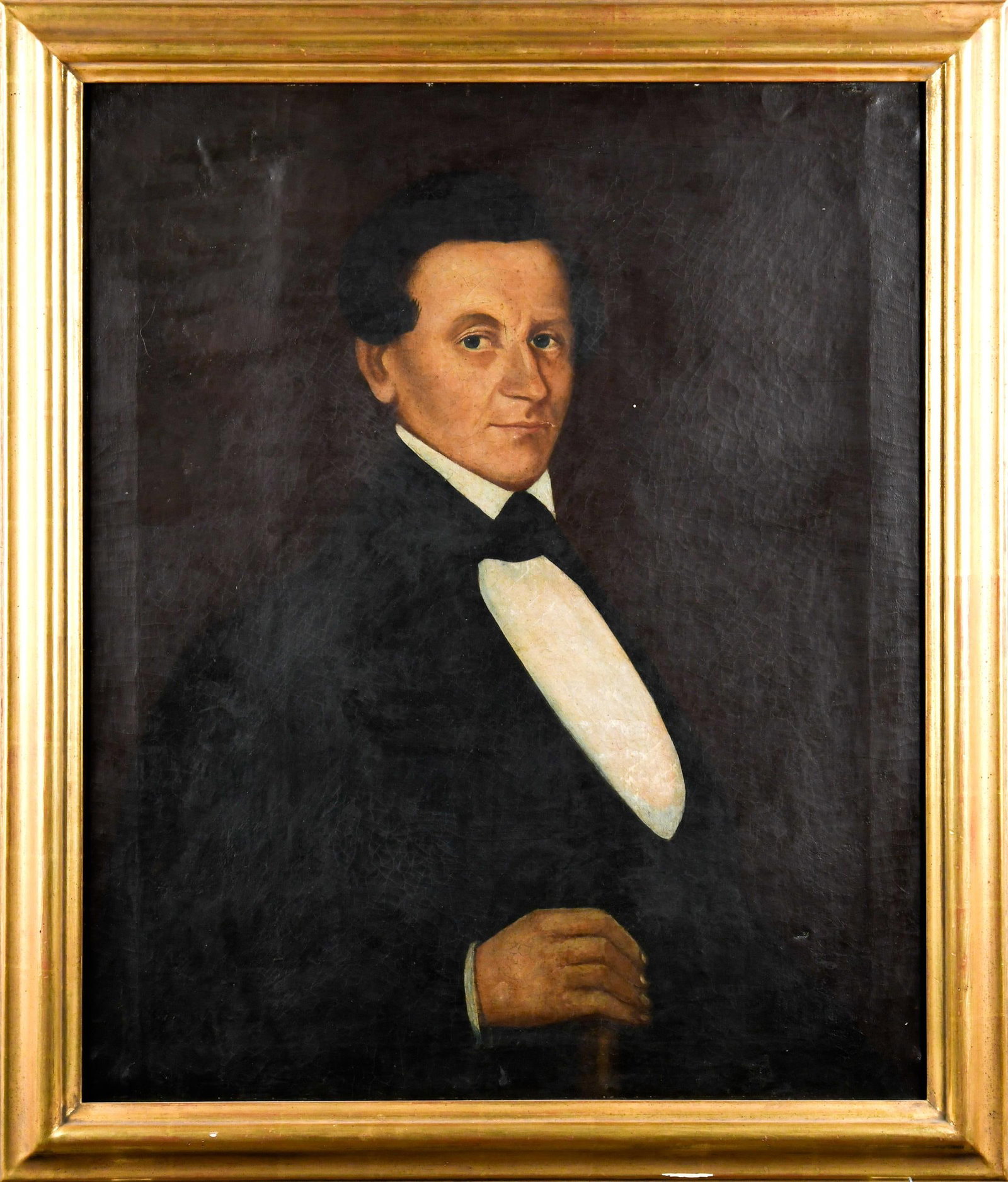 19TH C. OIL ON CANVAS, PORTRAIT OF MAN.: A ca. 1840 American School portrait of a man in jacket with white collar. Image 30” x 25”, Frame 34.5” x 29.5”.