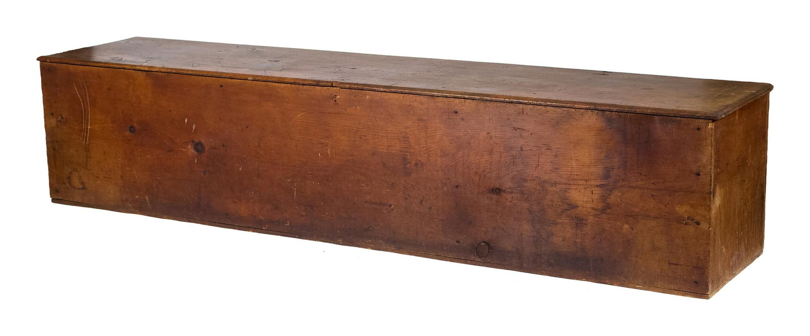 OVERSIZED 19TH AMERICAN PINE GRAIN BIN.: An impressive oversized American 19th C. pine grain bin with a hinged lid and open interior. 23.5”H x 108”W x 23”D.