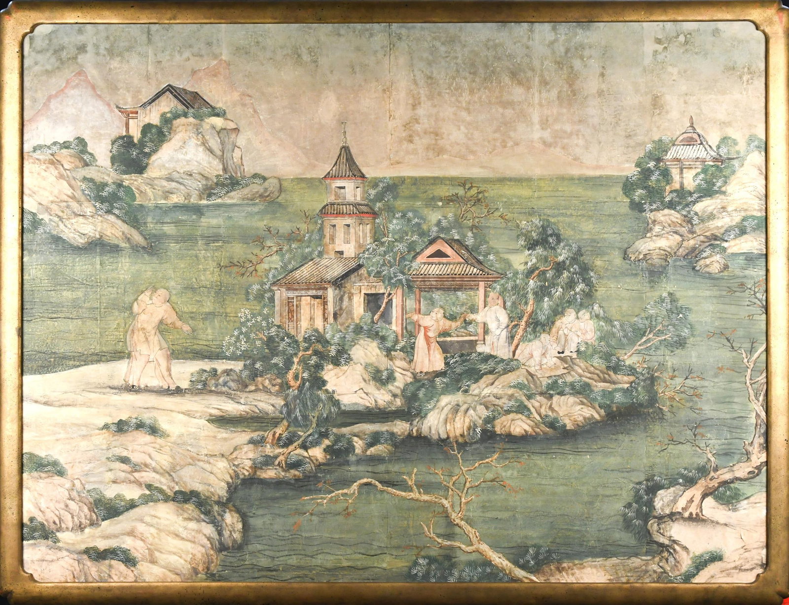 LARGE 18TH C. CHINESE WALL PAINTING.: A large 18th C. Chinese painting on paper mounted to canvas, figures in landscape with temple and lake. Frame 50” x 65”.