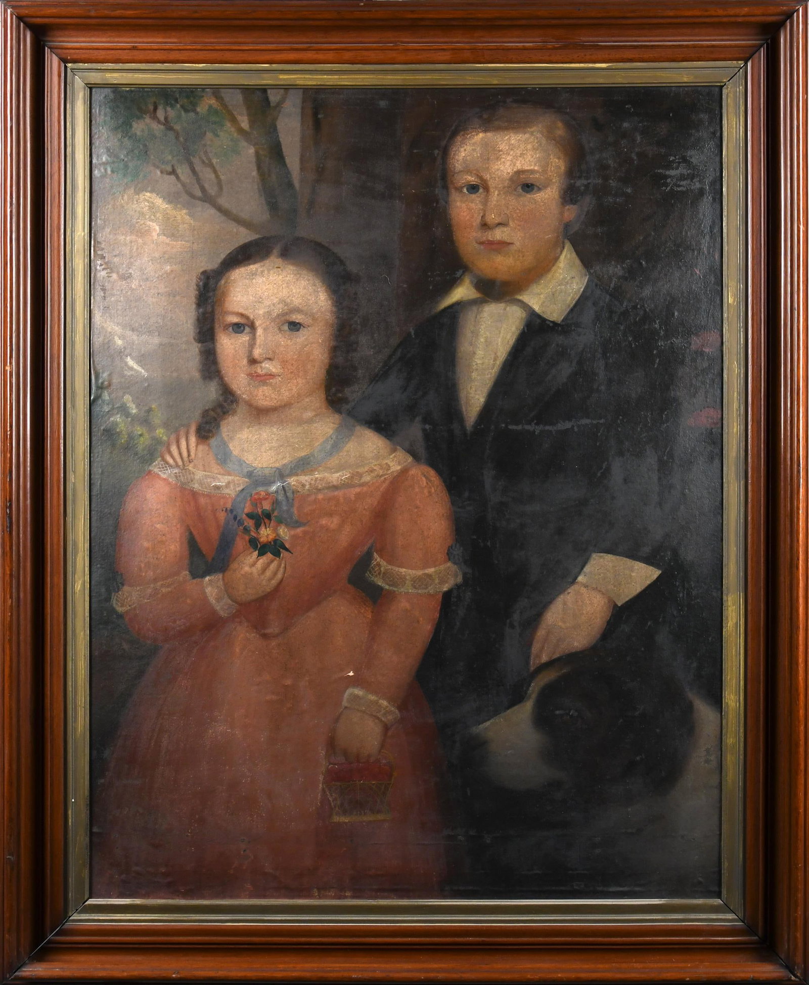 19TH C. AMERICAN SCHOOL OIL, AMELIA & CARL CHANDLER.: A second half of the 19th C. American School oil on canvas and laid on board, portrait of two children and a dog. Narrative on reverse describes sitters as Amelia and Carl Chandler and their dog. Amel