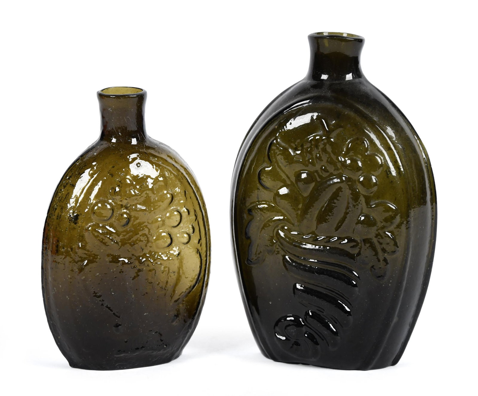 TWO 19TH C. BLOWN GLASS FLASKS, CORNUCOPIA. (1 of 6)